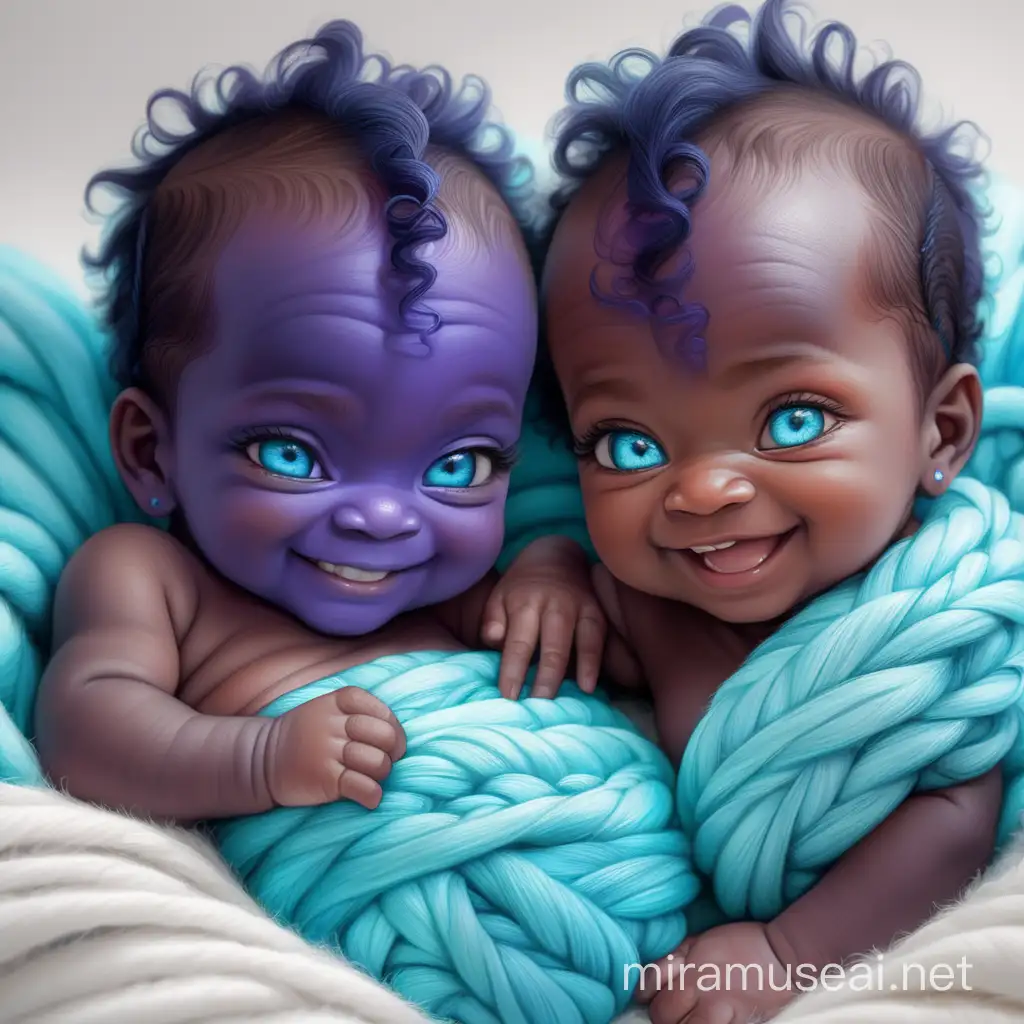 black newborn babies [boy and girl]. they have blue and purple skin. they smile. their eyes are neon blue. their hair is white. they are cute.