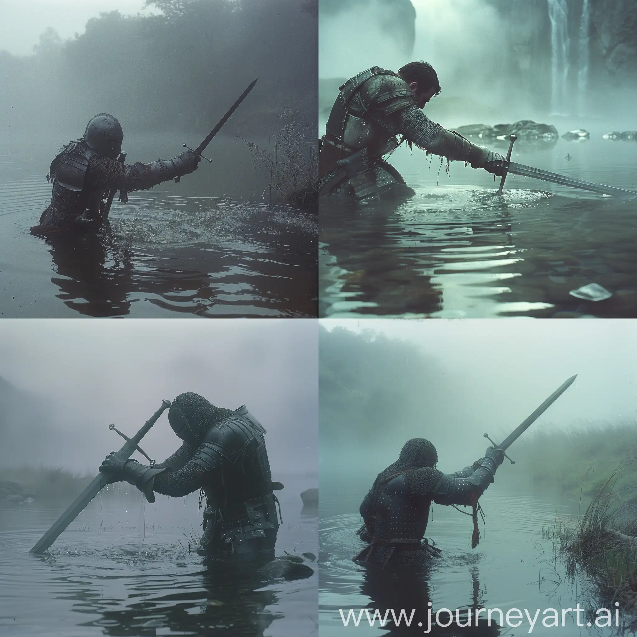 Fantasy-Film-Scene-Armored-Man-Drawing-Sword-from-Mystical-Waters-in-Foggy-Setting