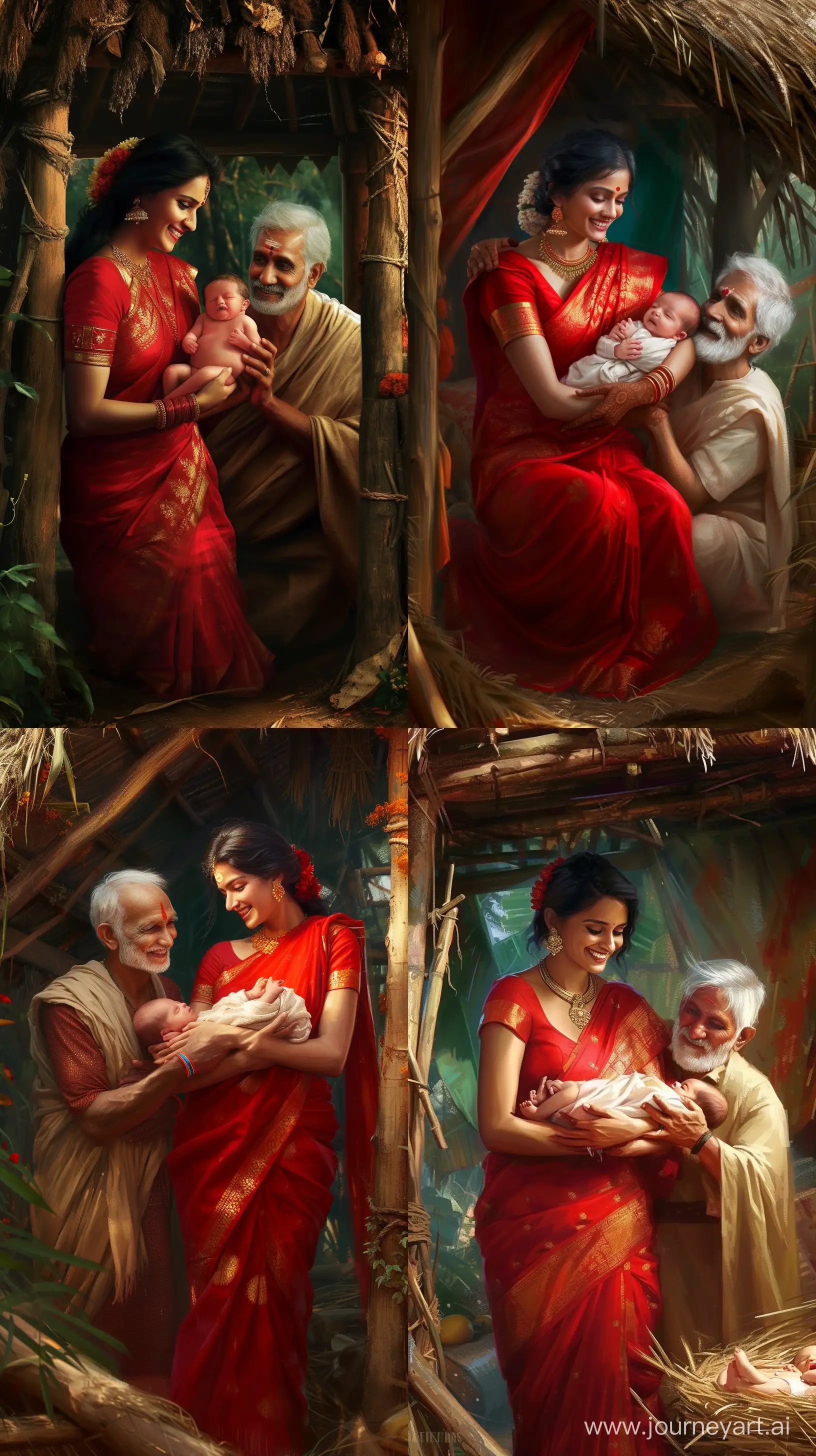 Realistic digital paintings like images depicting a beautiful Indian woman in red Saree, in her thirties is inside a hut, holding a newborn baby, a sage with short white hair and beard is besides her, both are happy looking at the baby, vibrant colorful images, intricate details, UHD --ar 9:16 --v 6