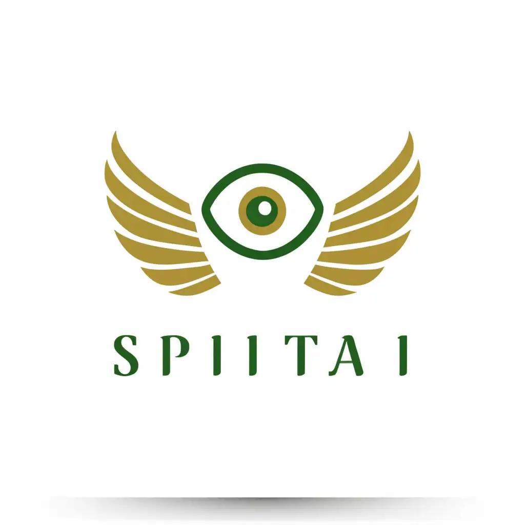 a logo design,with the text "spiritai", main symbol:a green eye with energy gold angel wings around it,Minimalistic,be used in Religious industry,clear background