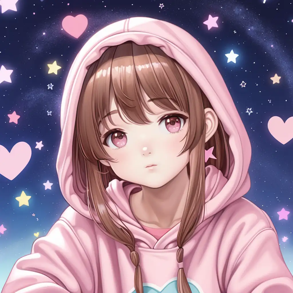 cute anime character, pastel colors,  stars, hearts, hair clips, pink hoodie, cute background, lazy, cute illustration, good composition, cute hoodie, long hair, better background, more realistic, cute pose, brown hair, pink eyes, bangs