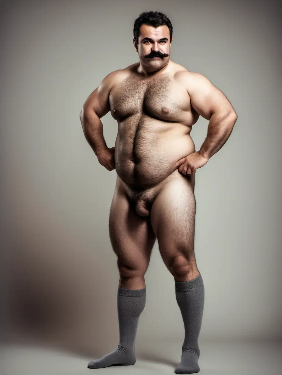 full length portrait of a nude thick athletic hairy burly man who looks exactly like Alexandre Despatie with a mustache, wearing socks. fight pose. 3/4 side view
