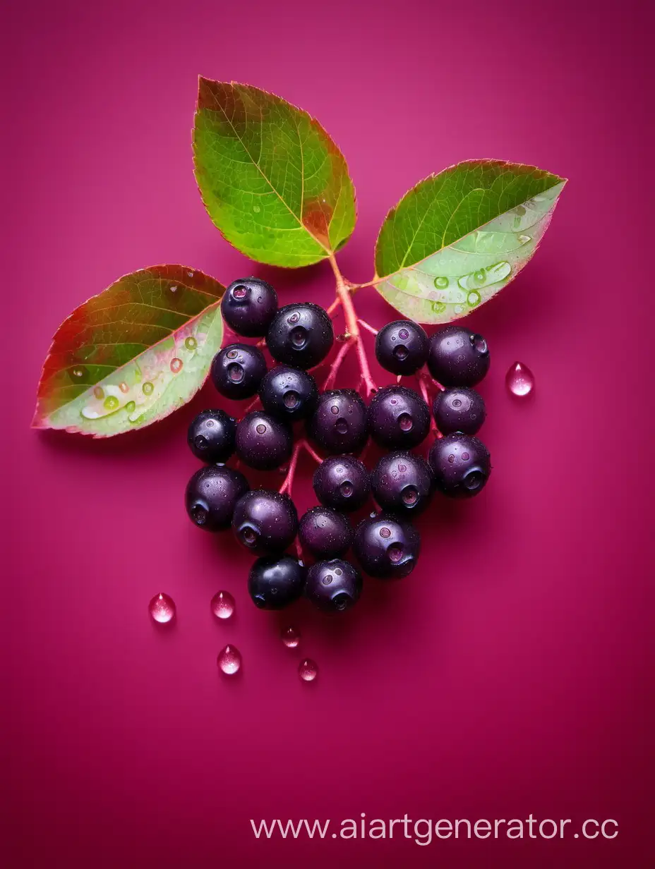 Vibrant-Aronia-Berries-Glistening-on-Dark-Pink-Background-with-Water-Droplets