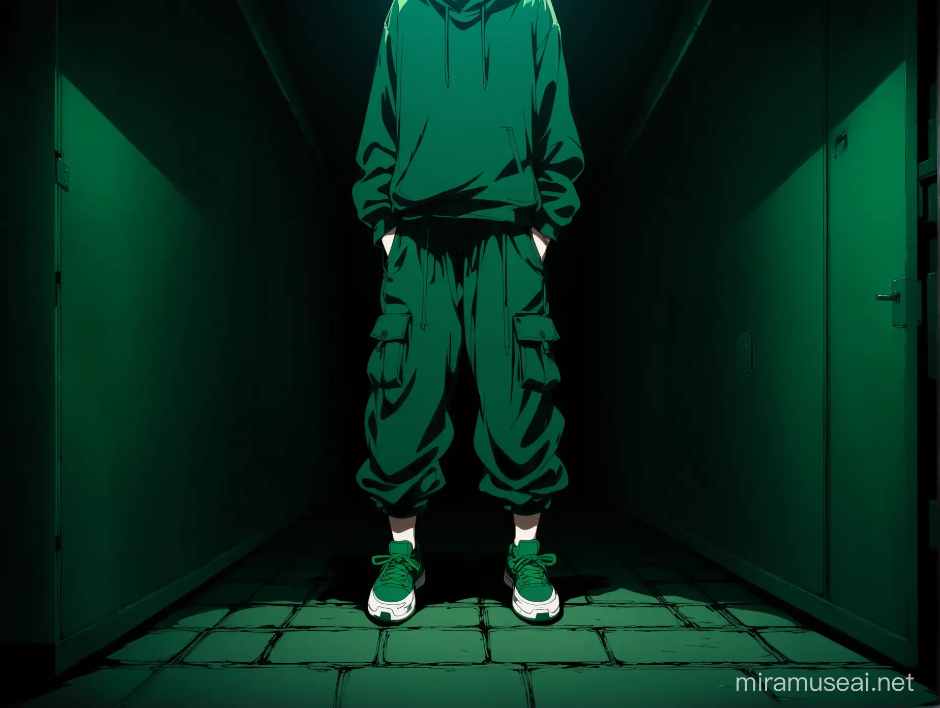A dark front image of an anime character's legs wearing black baggy pants and dark green sneakers in a dark, broad, underground secret room with dark green contrasts and vibe in anime style