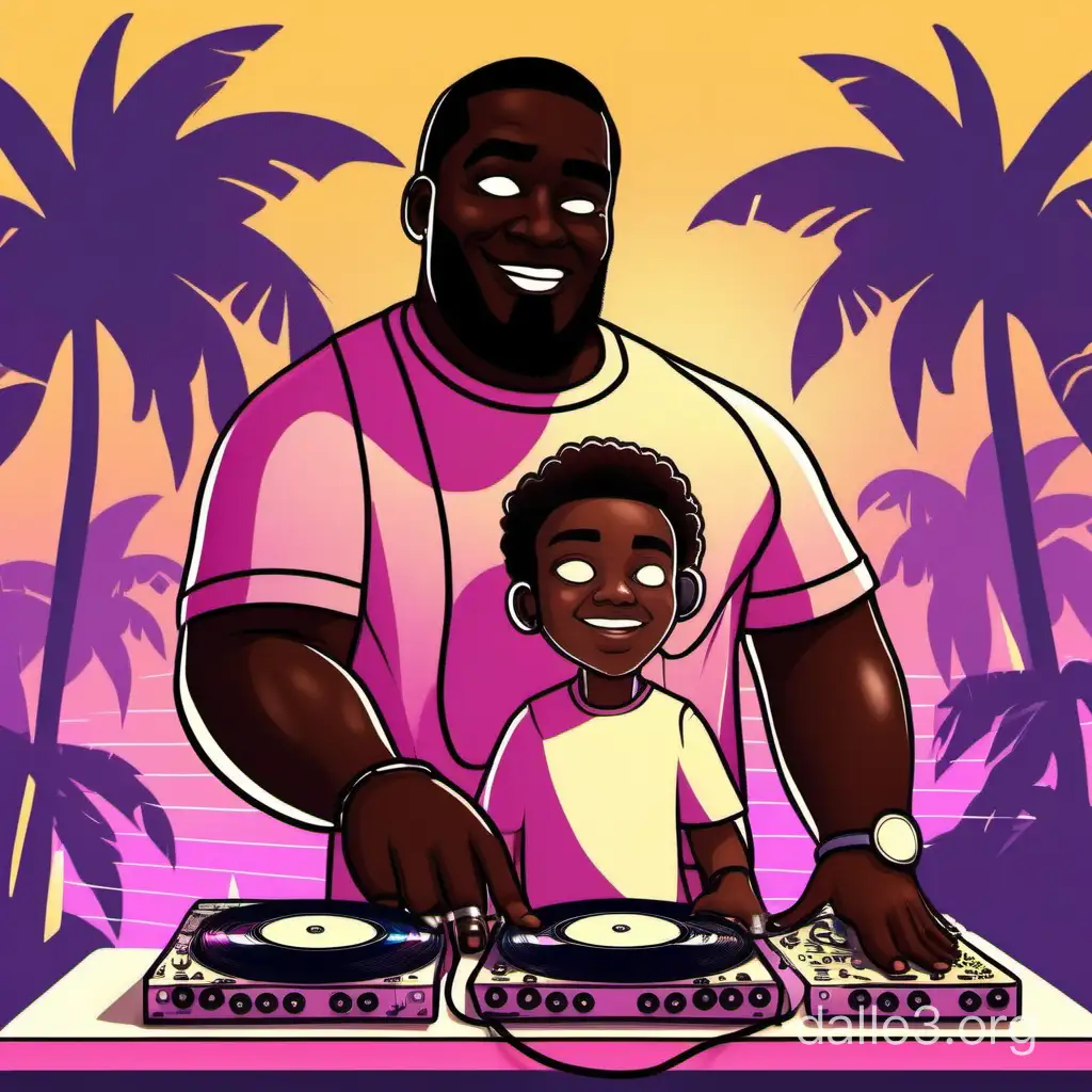 medium-sized a bit dark-skinned man a little bit fat trying to be a dj on a party  and surfingg with his kid