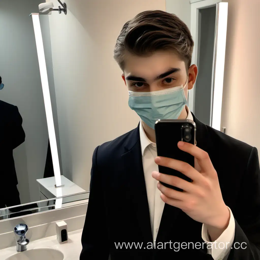 мальчик 20 лет красиво одет фотка в зеркале с айфоном, лицо в маске 

