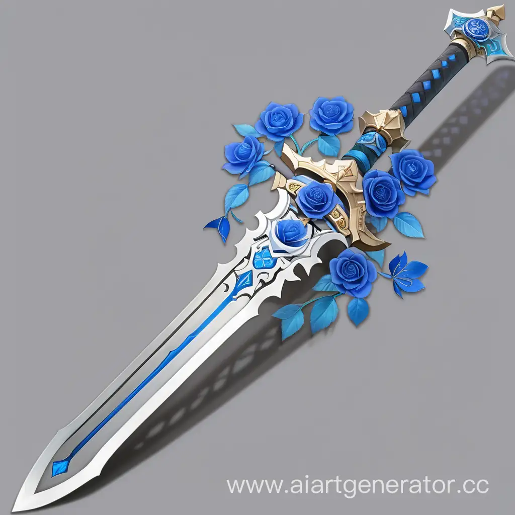 a large two-handed genshin sword, metal with details of blue rose flowers. Anime style full