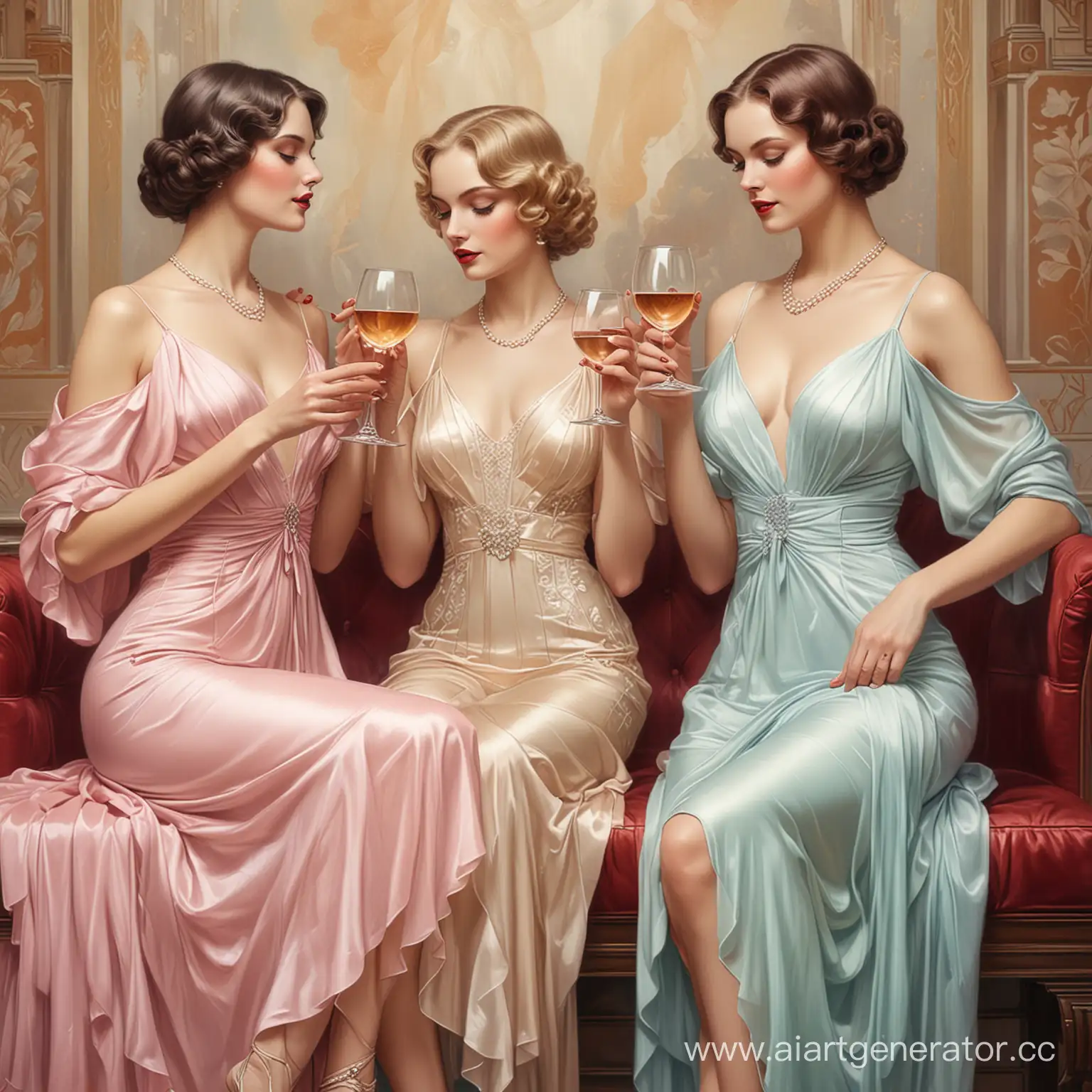 Elegant-Venusian-Women-Enjoying-Wine-and-Art-Deco-Painting