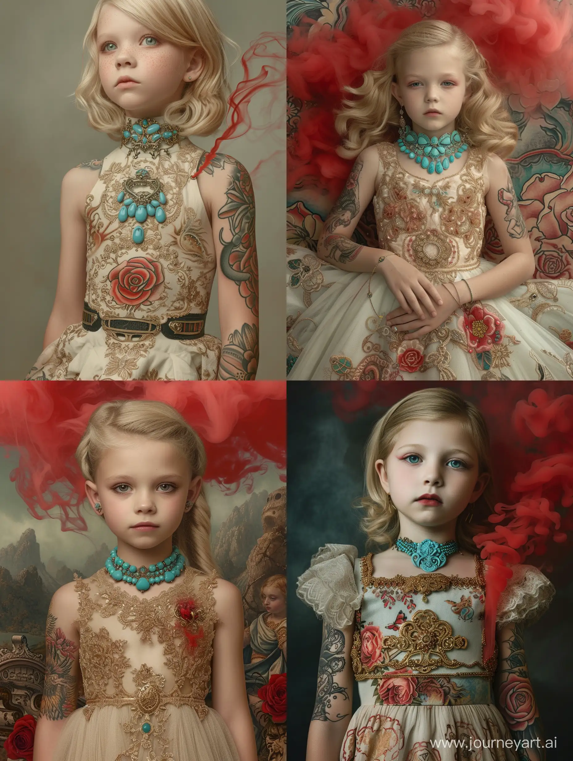 a young hppy blonde girl in a cosmic dress, i can't believe it can be so marvelous and stunning, full-body tattoos, ornate, rococo, grotesque, ornate, art nouveau, symmetrical, turquoise jewelry, red smoke, roses, hypermaximalist, elegant, vintage, hyper realistic, super detailed, pastel colors