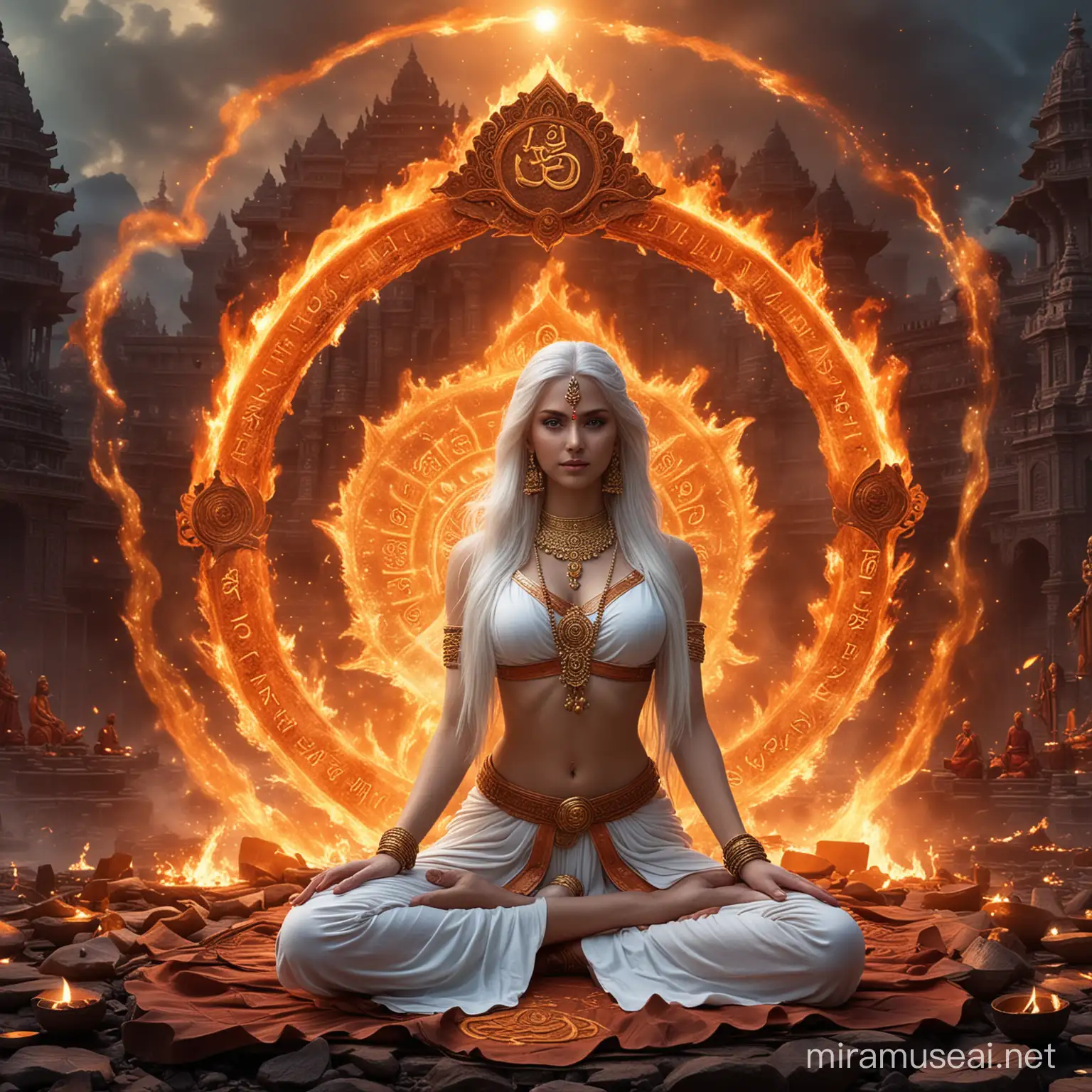 Mystical Hindu Empress in Combat Amidst Fiery Circle