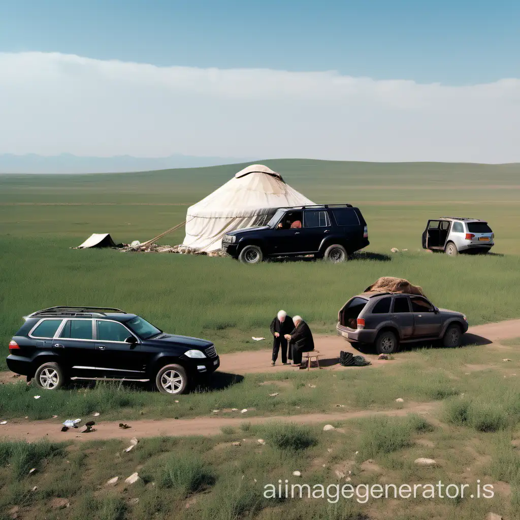 In the steppe near the yurt, there are two cars. One is a large, new, beautiful black SUV, from the window of which a hand with a stack of money is sticking out. The second car is very old and half falling apart, in which a very old person is sitting and giving money.