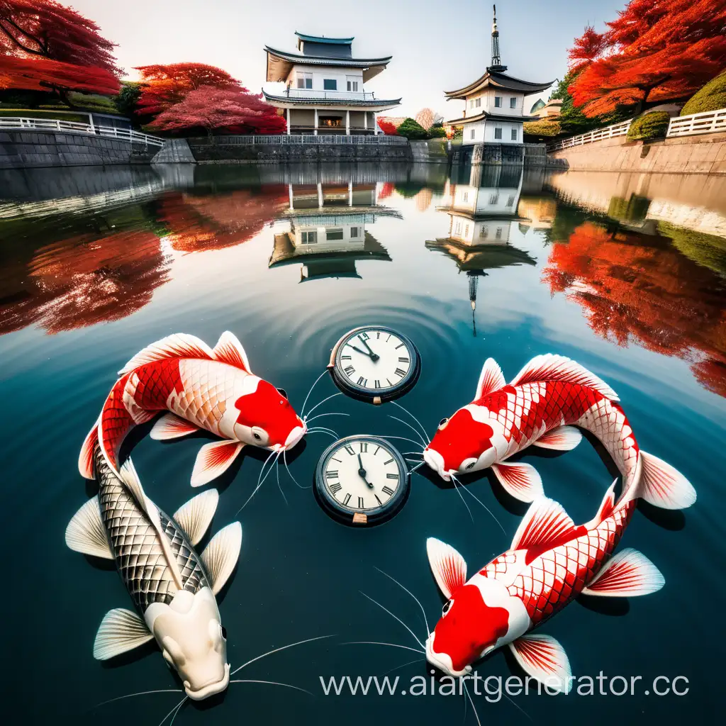 Японские Карпы в озере в форме Инь и Янь, с отражением башни с часами

