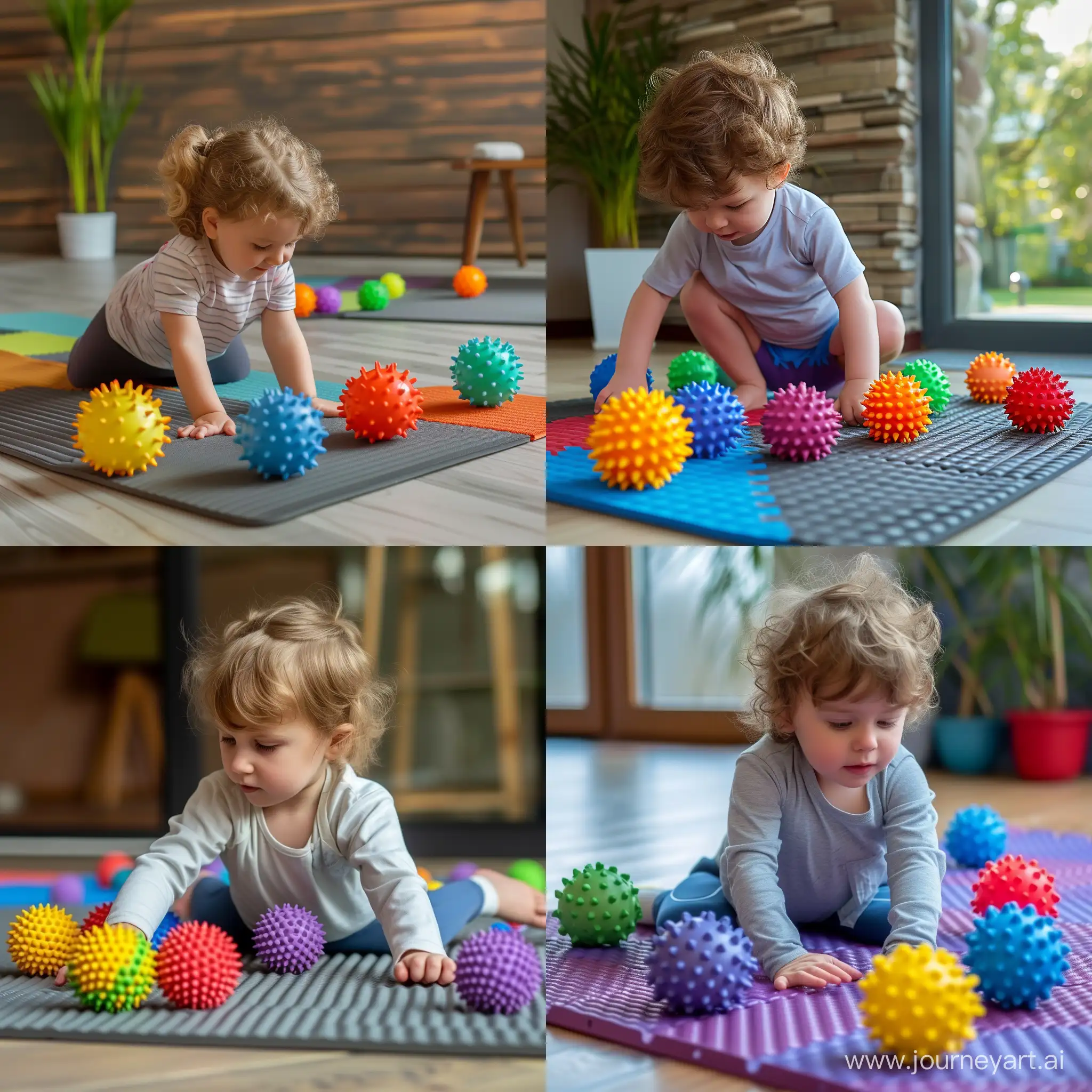 Ребенок 3 года, играет на коврике для фитнеса с цветными мячиками,  мячи с массажными шипами маленькие