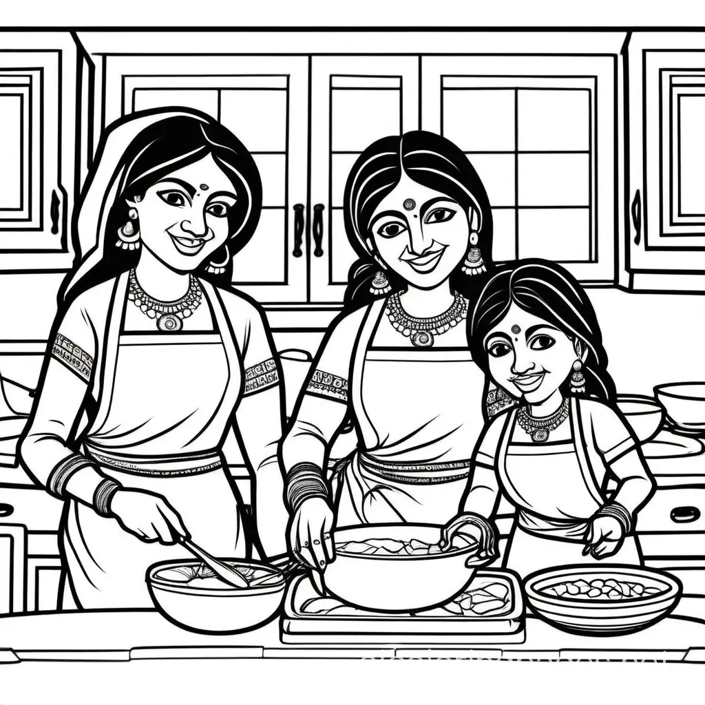 Indian-Women-Cooking-Coloring-Page-Simplistic-Line-Art-on-White-Background