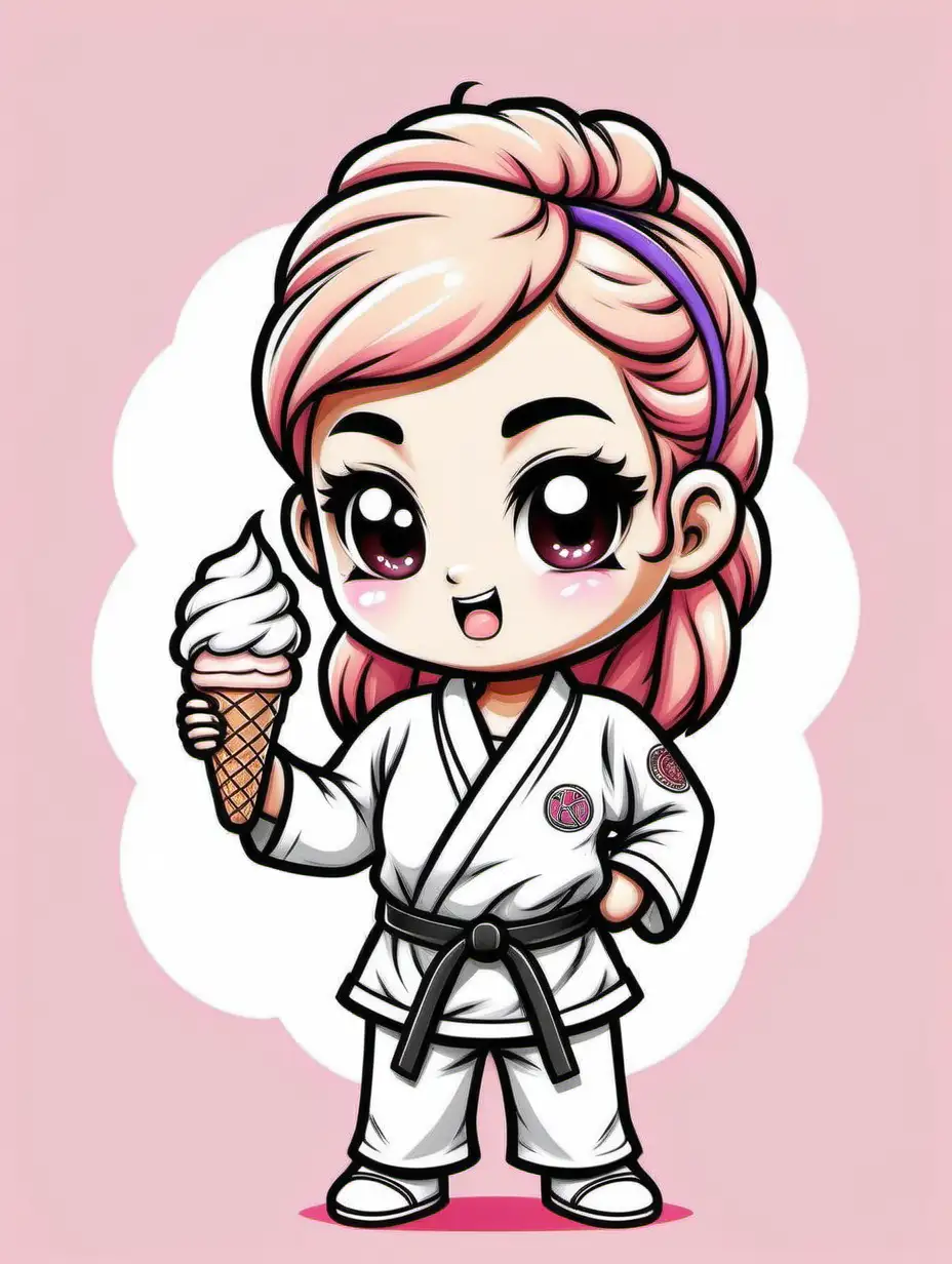 Cute coloring book drawing style of a tough-looking ice-cream cone girl
 wearing karate gi uniform, in kawaii