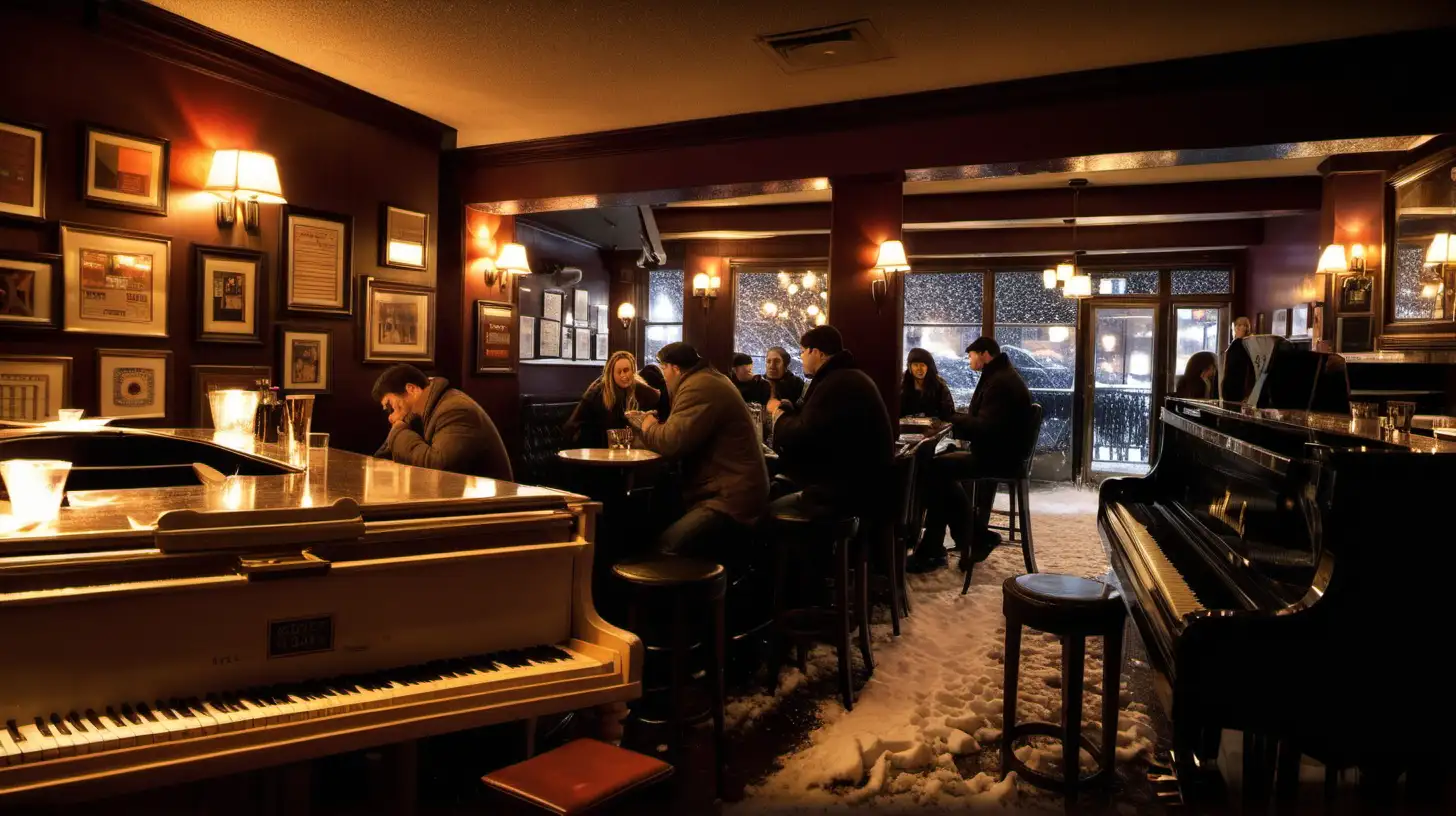 CHICAGO BAR , COZY, SNOWING OUTSIDE, SENTIMENTAL MUSIC, PIANO, SAXPHONE, FEW PEOPLE DRINKING
