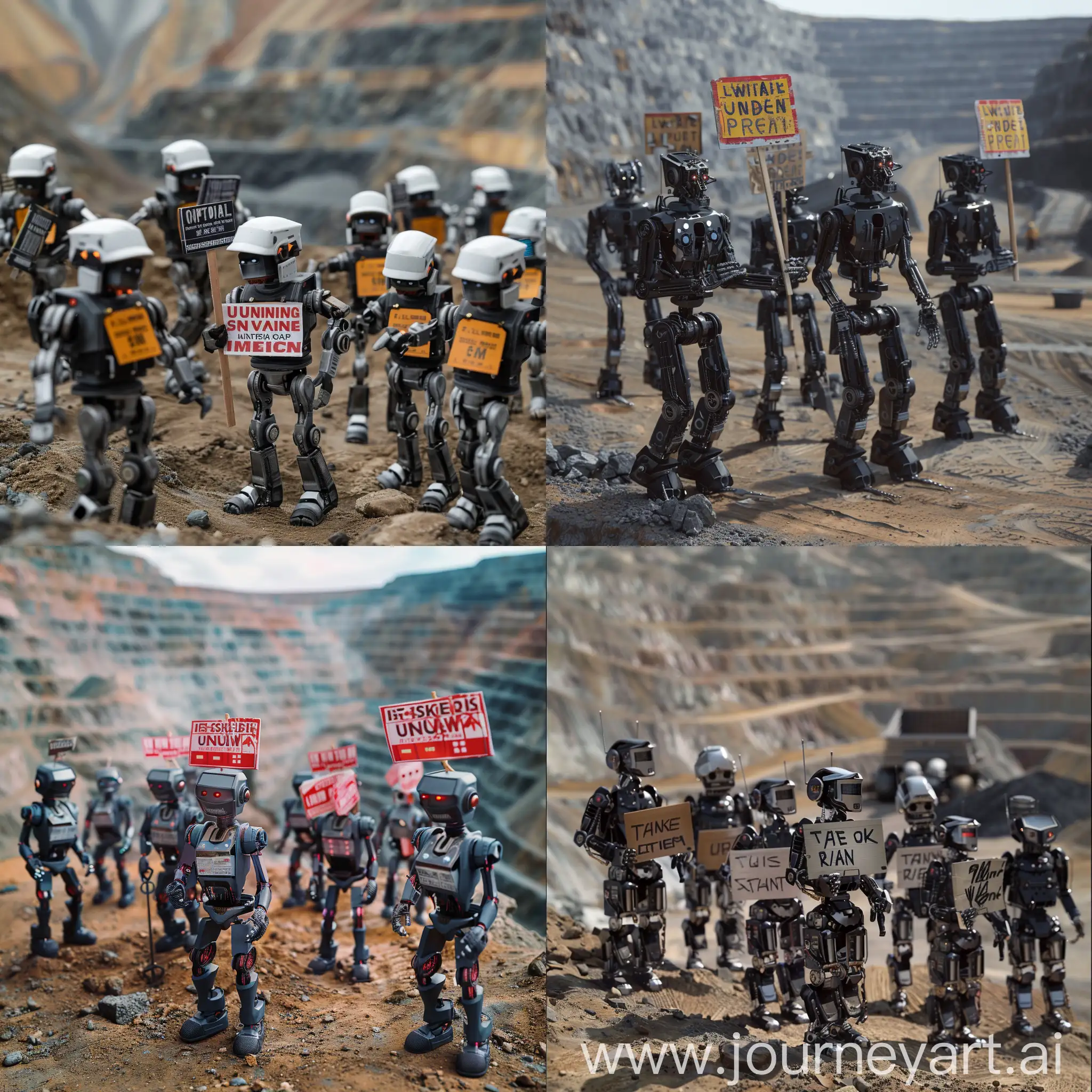 group of humanoid Robots union with signs on strike at open pit mine
