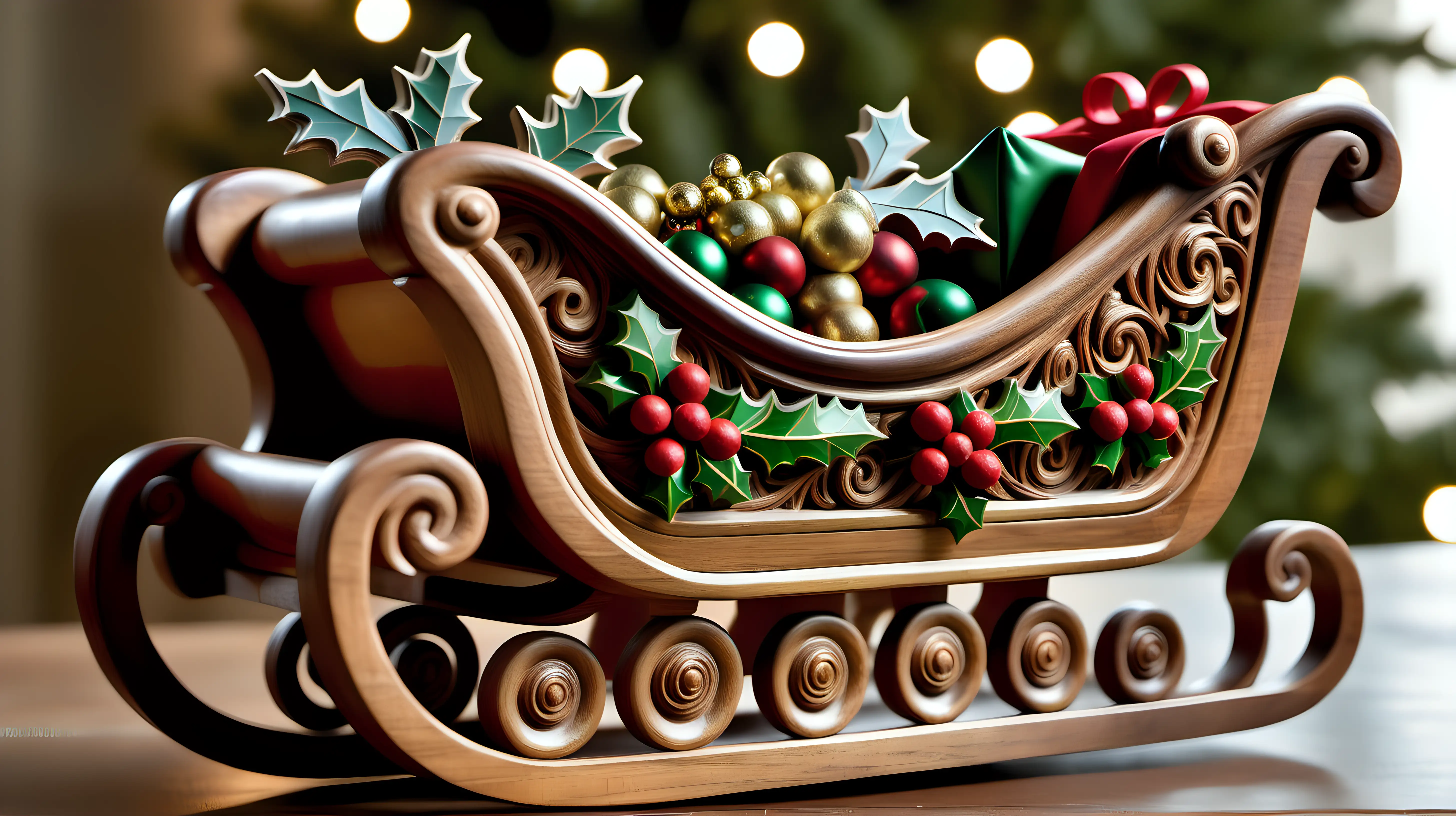 "Zoom in on the intricate details of a hand-carved wooden sleigh, adorned with holly and filled with gifts, ready for Santa's journey."