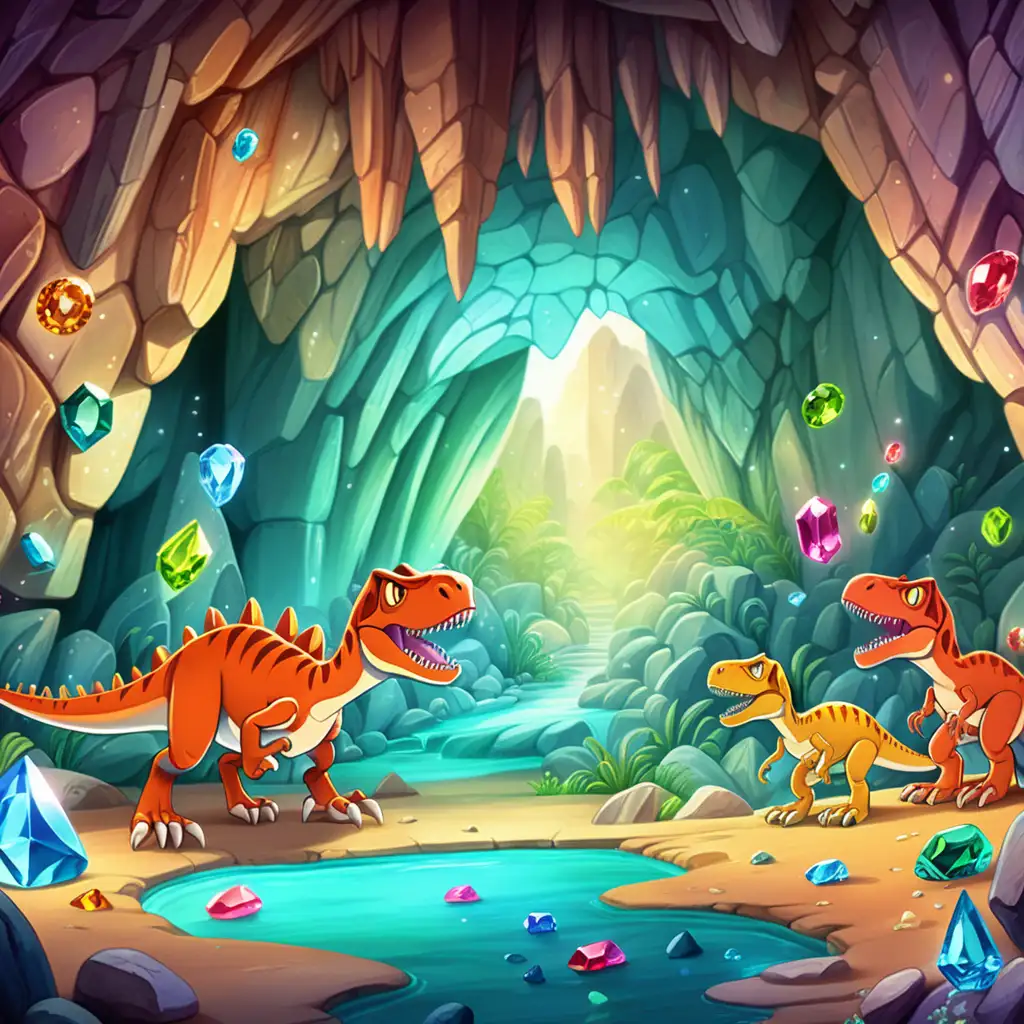 Enchanting Cartoon Cave with Gems and Friendly TRex