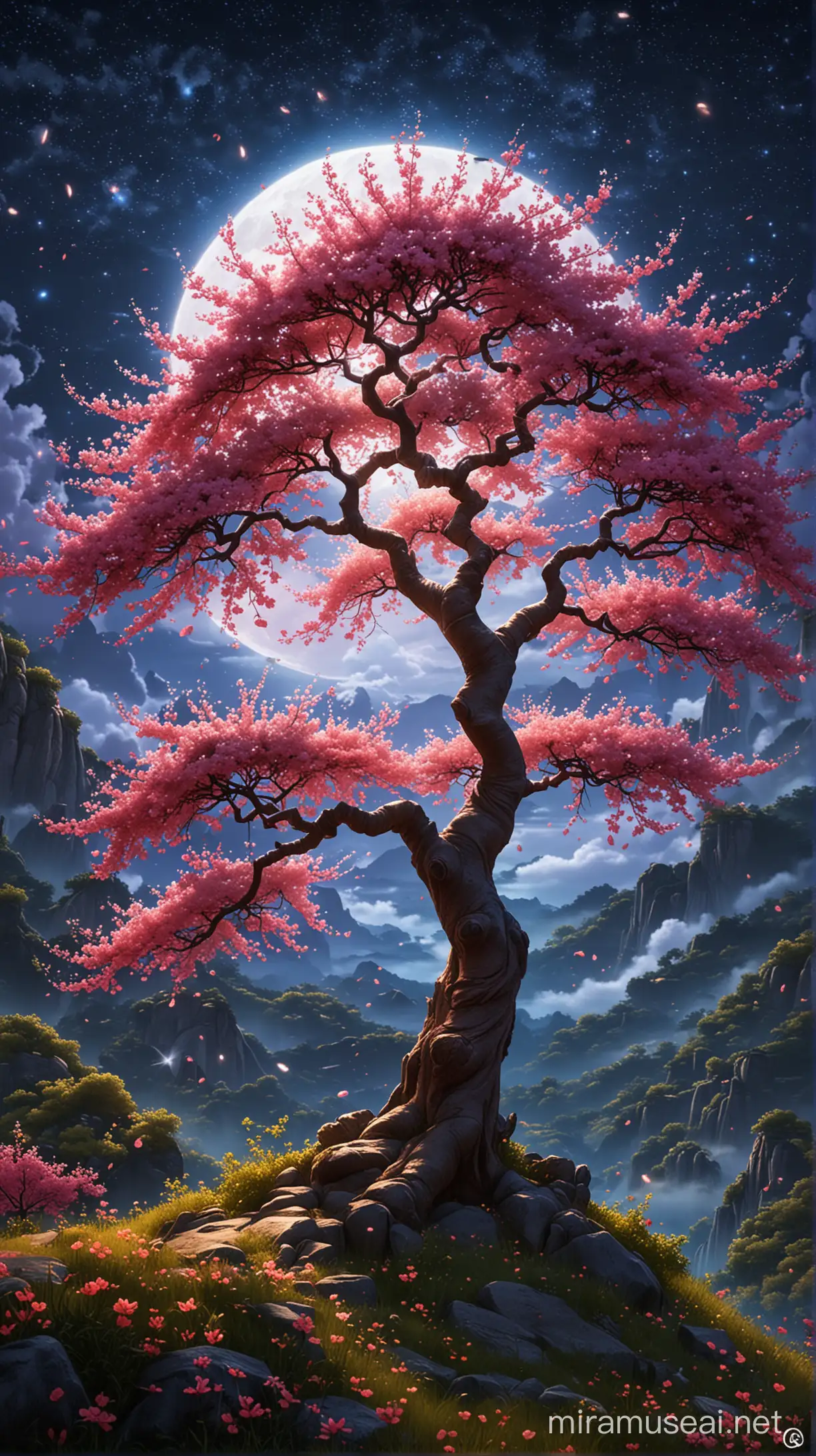 Mystical Peach Tree on Secluded Mountain Peak at Night