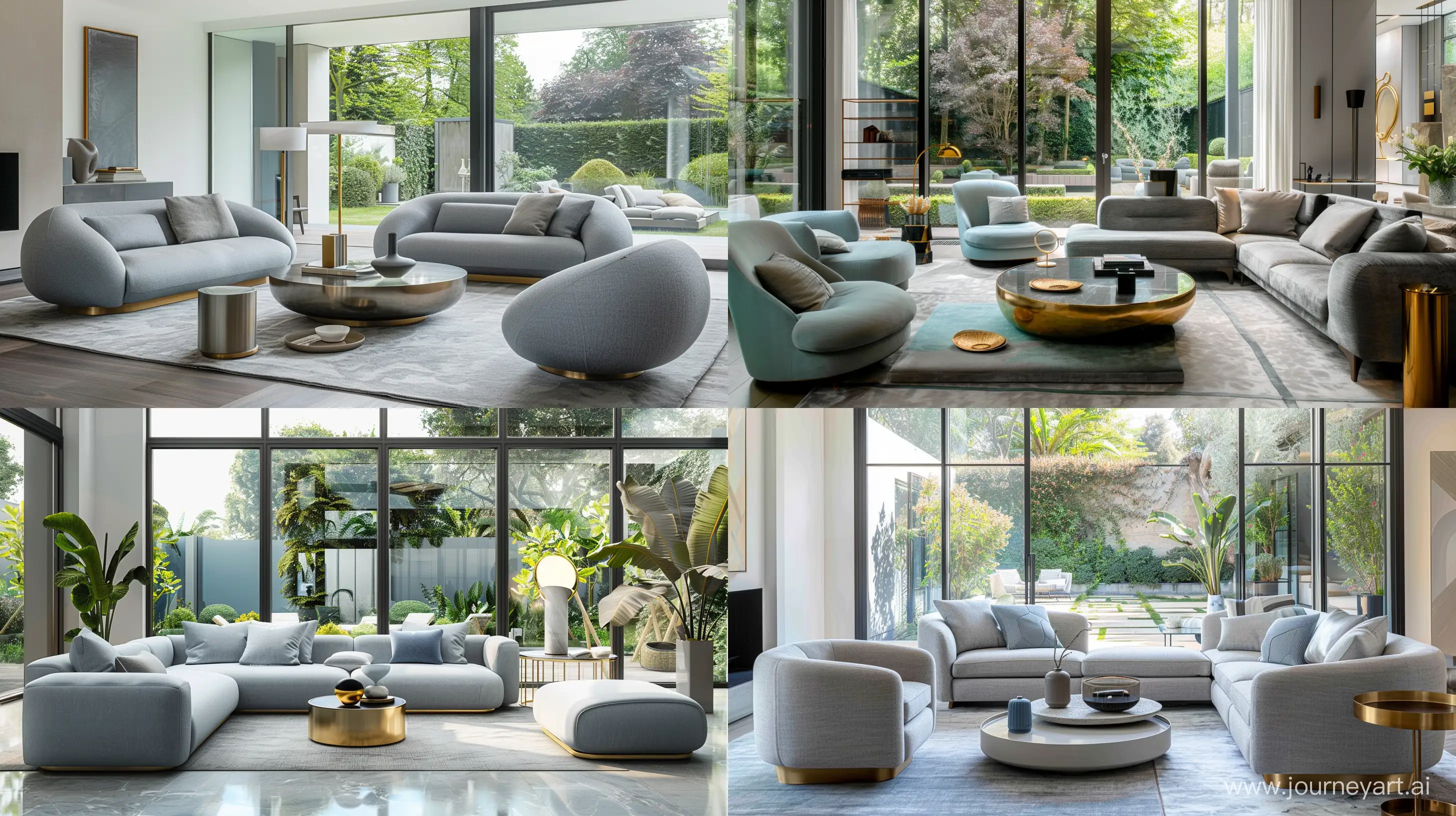 A contemporary living room bathed in natural light, featuring sleek modern furniture in shades of cool grey and soft blue. Picture large windows overlooking a serene garden, with accents of metallic gold adding a touch of luxury. --ar 16:9