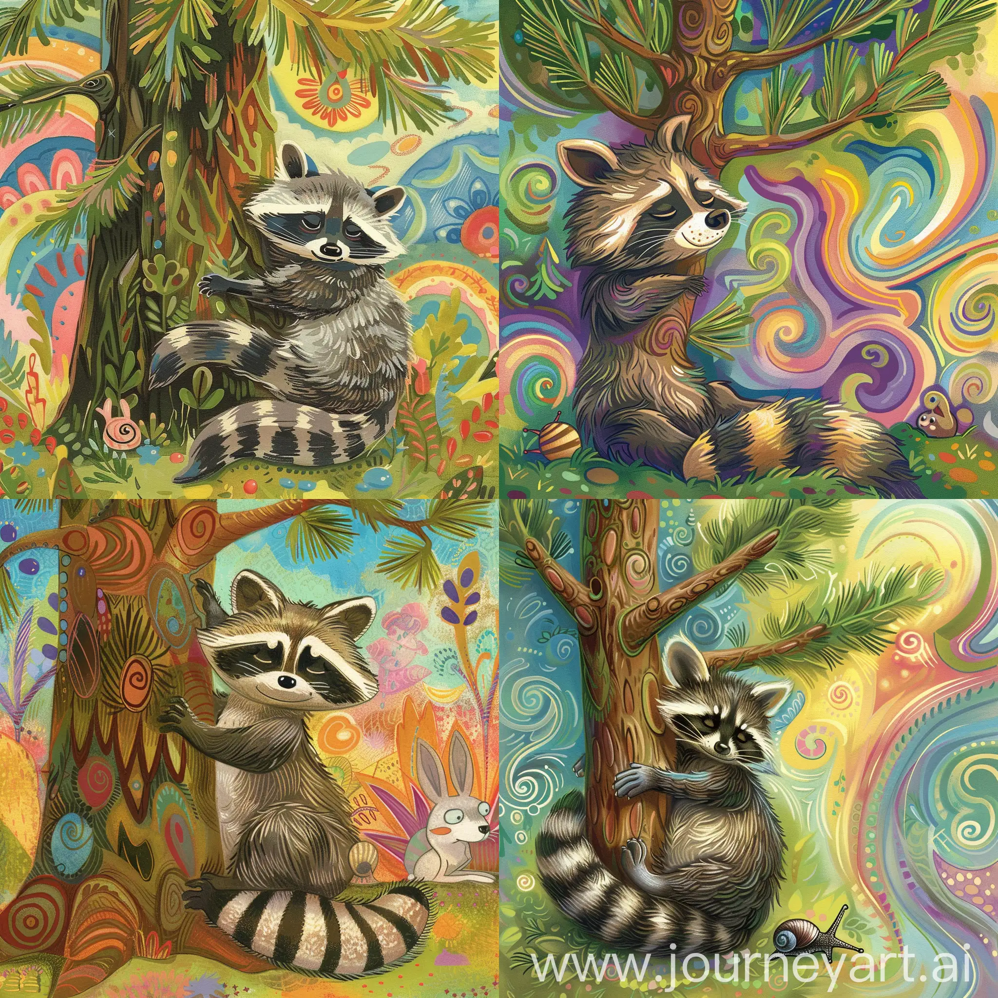 Raccoon leaning against a pine tree in a relaxed pose (focus), woodland cute animal fairy tale style design, rabbit, snail, wolf, charming and friendly whimsical characters on a vibrant and colorful background to capture young readers' attention and spark their imagination.