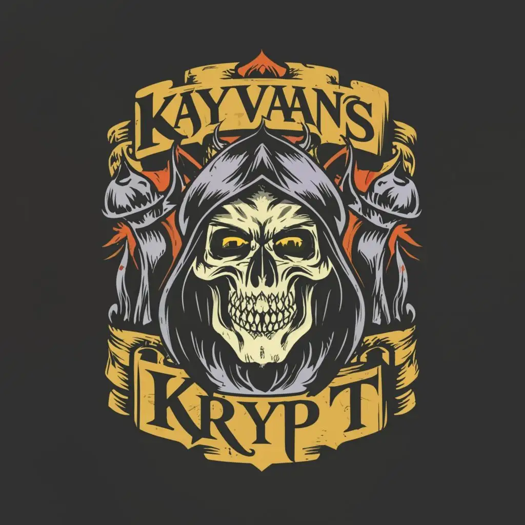 logo, skeletal, bones, stone wall, death, demonic, devil, evil, creepy, old skull, crypt, with the text "Kayvan's Krypt", be used in entertainment industry