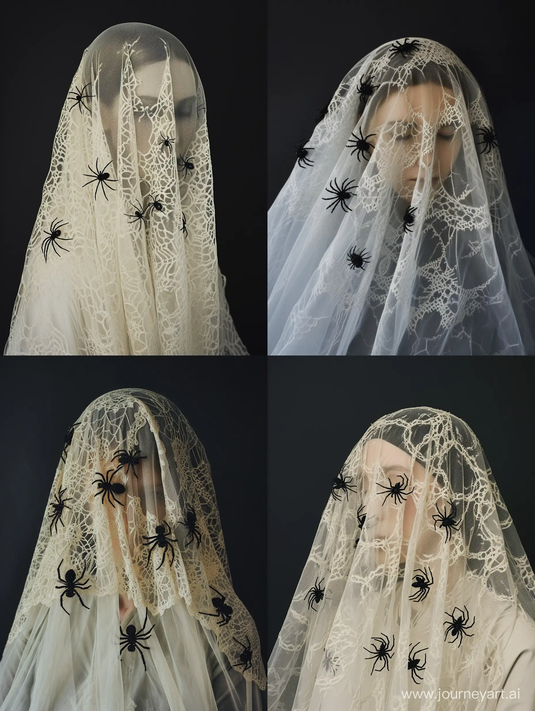 /imagine prompt:
color photo of a woman,
wearing a lace veil that completely obscures her face,
the delicate fabric adorned with black widow spiders,
crawling in a haunting and mesmerizing manner.

Against a black background,
the contrast emphasizes the enigmatic nature of the scene,
as the woman becomes a vessel of witch core,
evoking a sense of pagan horror and mystical allure.

Through the veil, her features remain hidden,
leaving her identity shrouded in mystery,
while the presence of the spiders adds an unsettling touch,
a symbol of danger and potent feminine power.

The photo captures the essence of witchcore,
where darkness intertwines with ancient traditions,
creating an image that both fascinates and unnerves,
drawing viewers into a realm of occult secrets.

Unlikely collaborators:
Dario Argento, the master of Italian horror and surreal visuals,
Alexander McQueen, the fashion designer blending darkness with high fashion,
Anja Harteros, the opera singer with a hauntingly powerful voice,
Pam Grossman, the curator exploring the intersection of art and the occult,
Ari Aster, the filmmaker delving into psychological and supernatural realms.