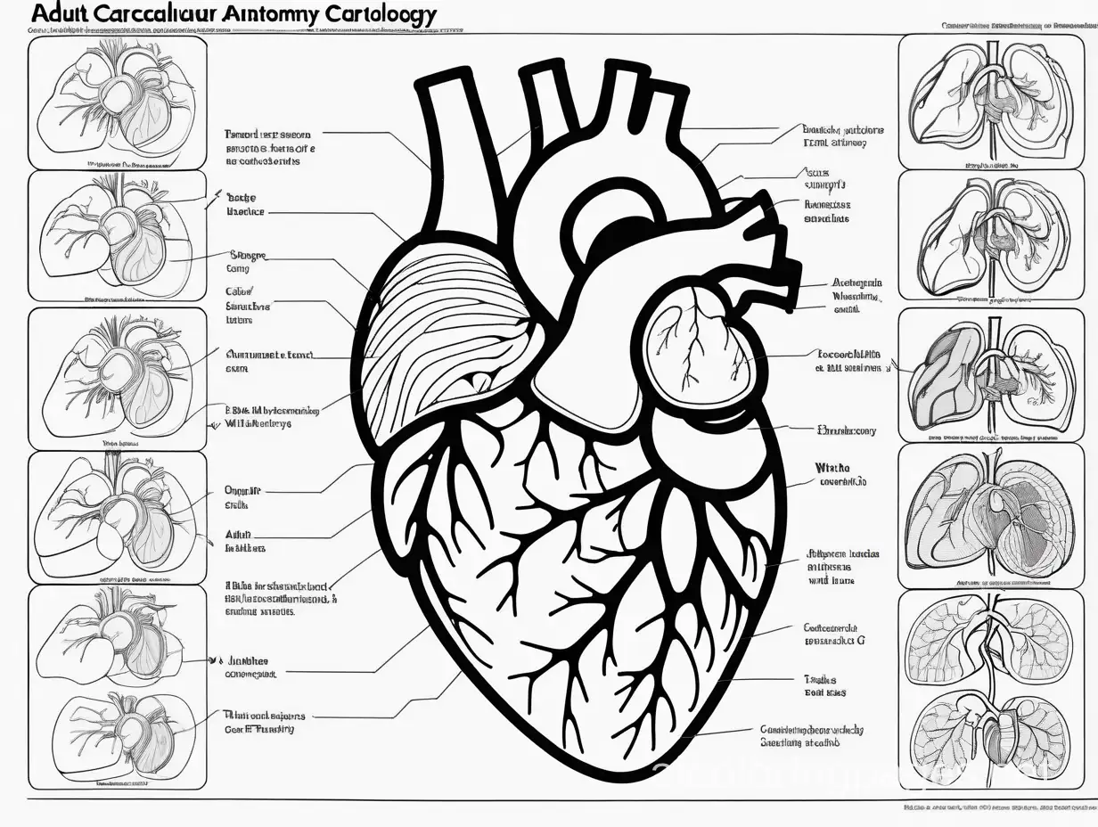 Adult Cardiovascular Anatomy Comprehensive Cardiology Guide, Coloring Page, black and white, line art, white background, Simplicity, Ample White Space. The background of the coloring page is plain white to make it easy for young children to color within the lines. The outlines of all the subjects are easy to distinguish, making it simple for kids to color without too much difficulty