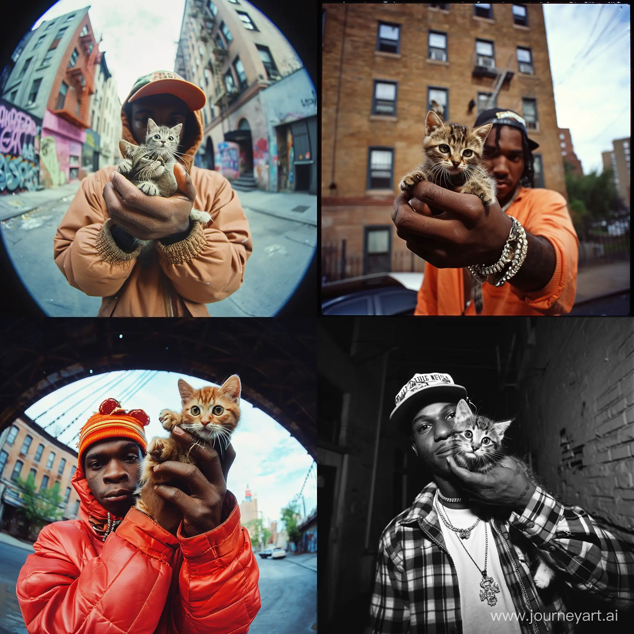 15mm wide-angle lens photo of a rapper in 1990 New York holding a kitten up to the camera --v 6