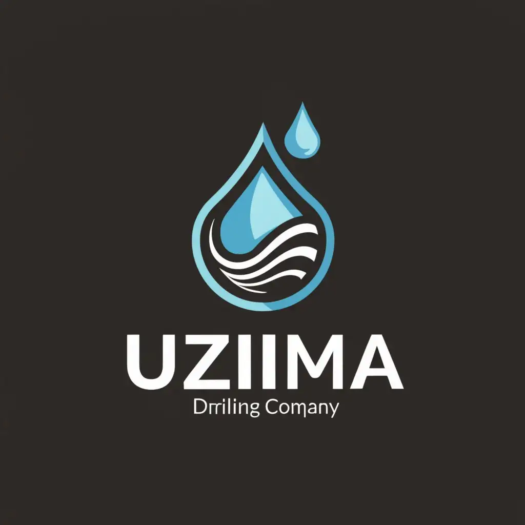 a logo design,with the text "Uzima drilling company", main symbol:"""
The water drops for a tap and all I a sphere
Add a drill on the ground and water splashing out

",complex,clear background