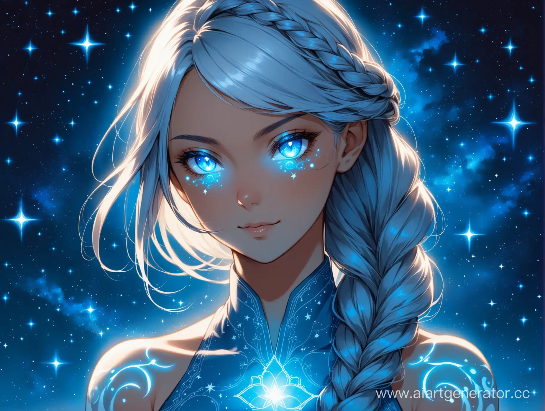 woman with alabaster skin, hair that shifts from white to silver, wearing an intricate braid, and sapphire-blue eyes. She is dressed in soft linen clothing in shades of blue and silver, set against a backdrop of a starry night sky. Her facial expression is confident and enigmatic, with a notable feature of glowing tattoos on her skin, emitting power and magic, (glowing hair:1.3), (profile picture)
