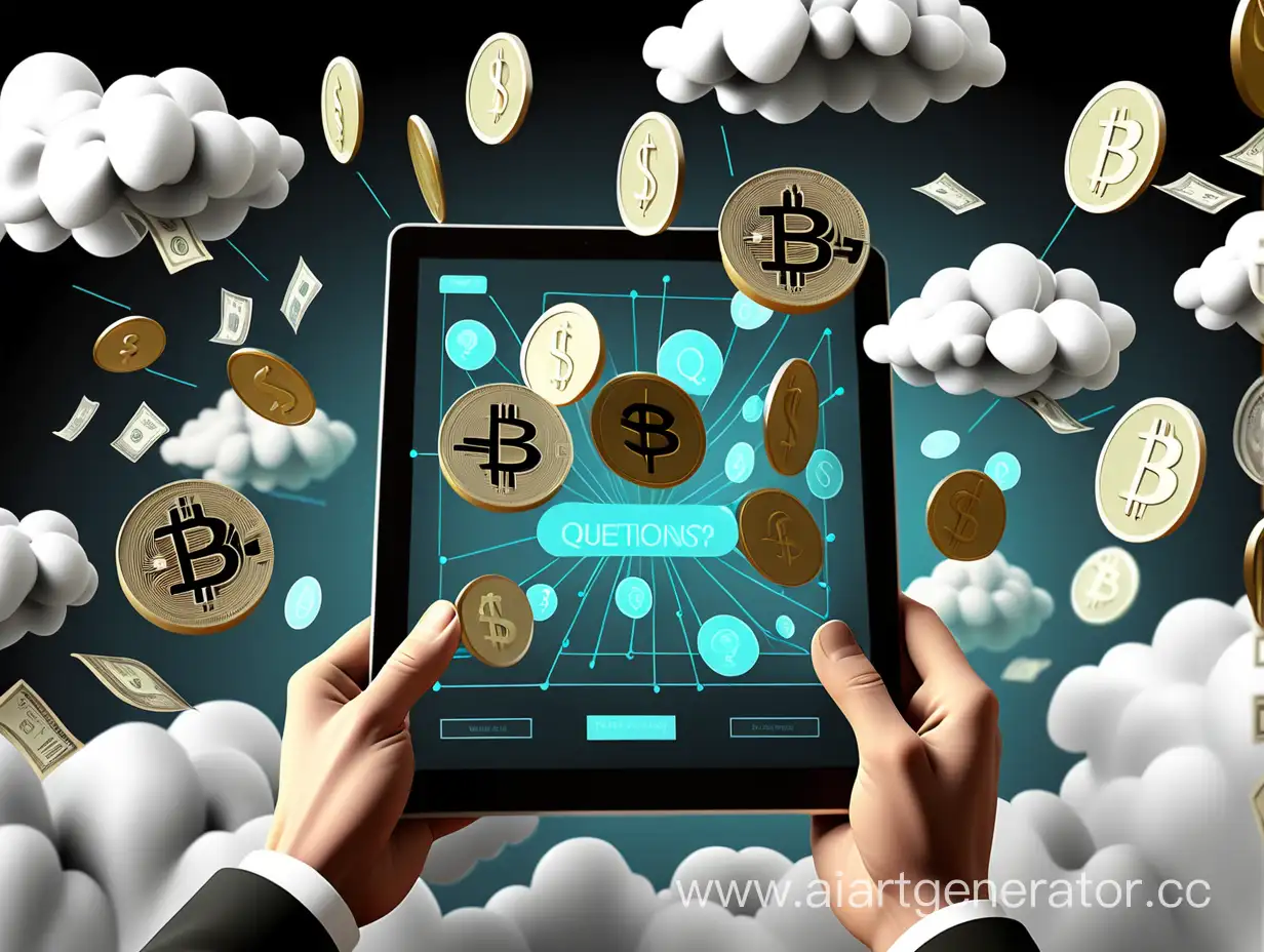Криптовалюта, интерактивный фон, деньги, доллары падают, богатство, вопросы, облака, планшет