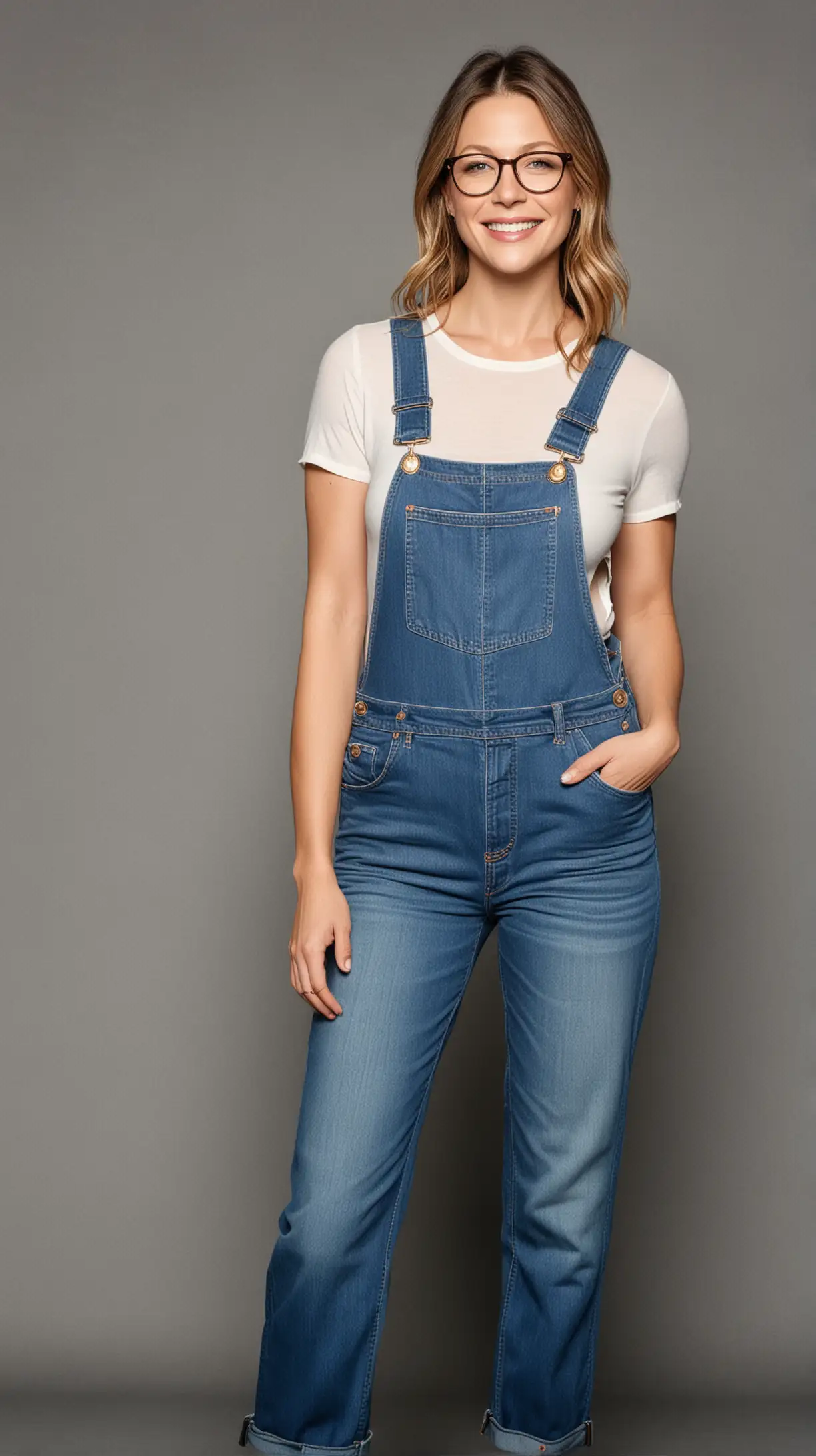 Melissa Benoist in Denim Overalls and Glasses Casual Chic Style for a Mature Woman