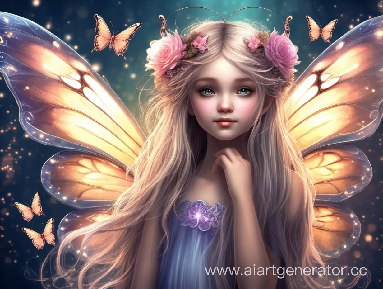 девушка фея крылья бабочки блики длинные волосы  высокая детализация