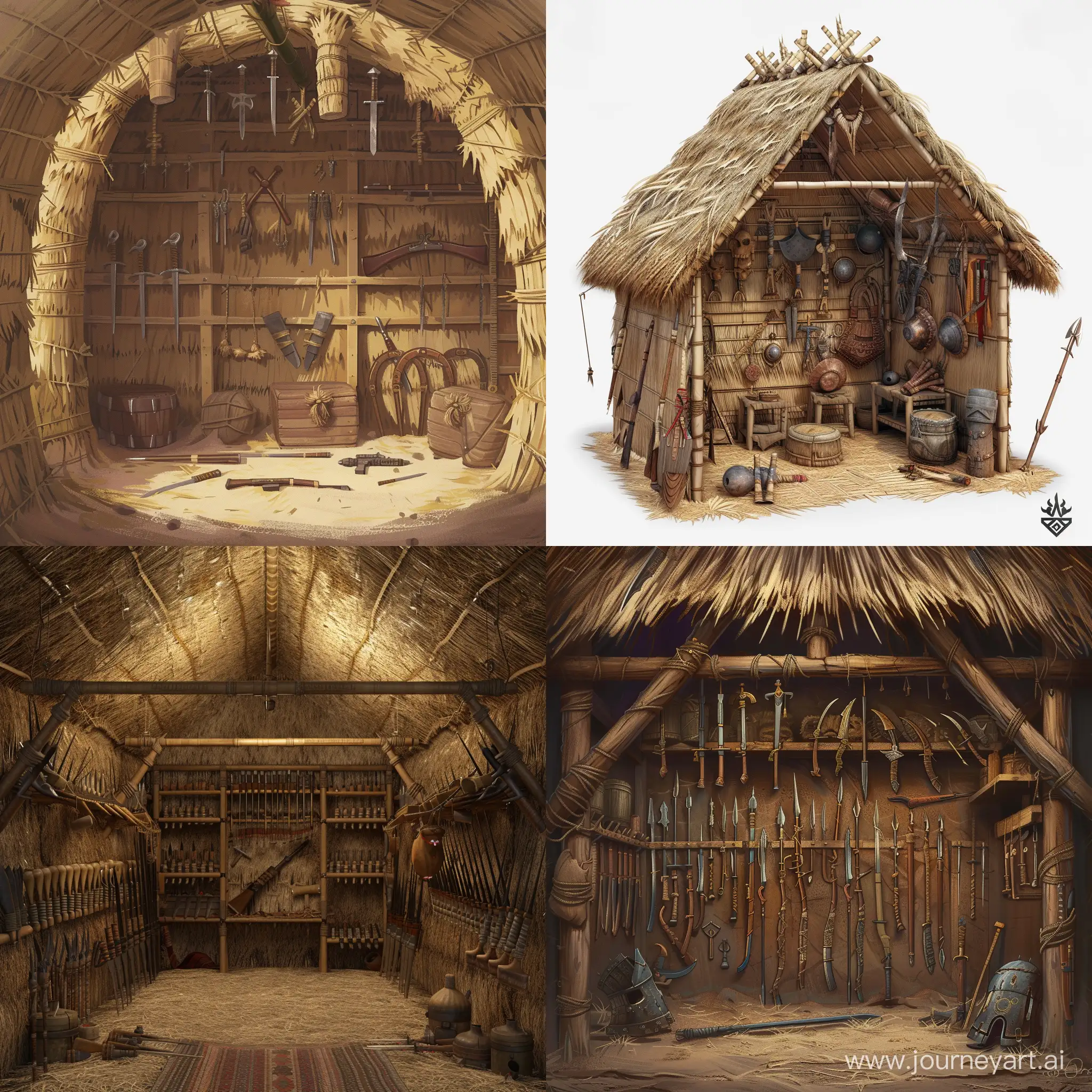 create an image of the inside of a straw tribal hut that's used as an armory. the armory is on hard times, it should have low quality crude weapons and armor that barely should qualify as armor and weapons 