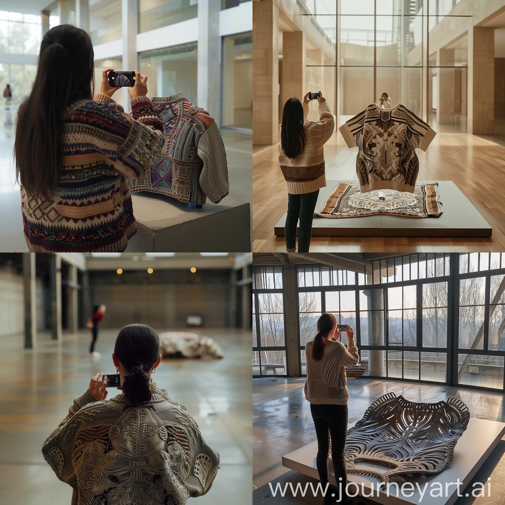 A young woman in a spacious, naturally lit room is taking a photograph with her iPhone, capturing a detailed image of a unique upper garment - it could be a sweater, jacket, or similar type of clothing, featuring intricate patterns or textures. The garment is displayed prominently on a flat surface, with the woman standing at a distance, ensuring the entire piece is in frame. The scene is captured from a far angle, allowing a comprehensive view of the setting, including the interaction between the woman and the garment, the ambient light filling the room, and the careful composition of the shot. This moment highlights creativity, fashion, and technology, showcasing a blend of artistic capture and the beauty of the garment