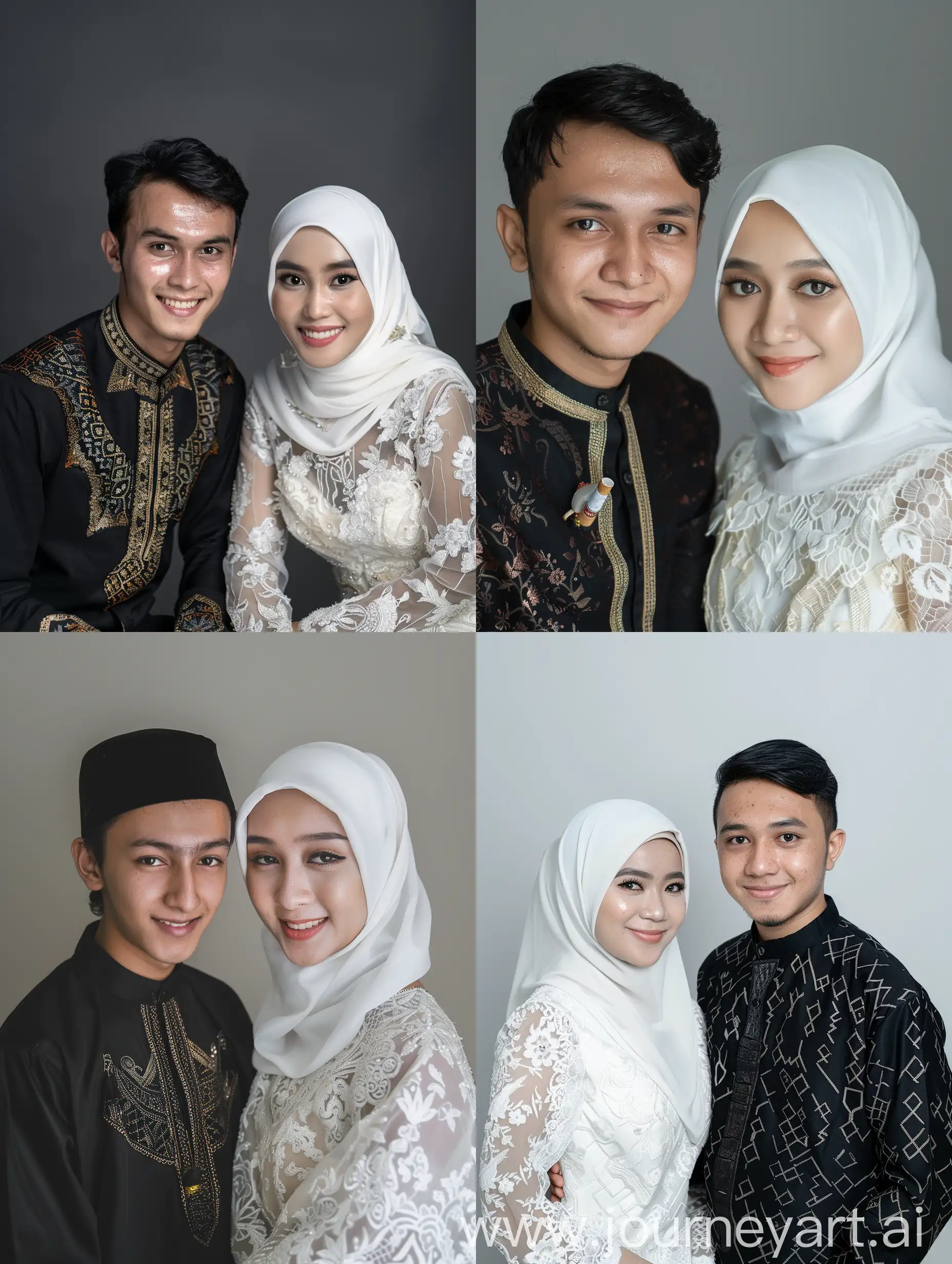 (8K, RAW Photo, Photography, Photorealistic, Realistic, Highest Quality, Intricate Detail), Medium photo of 25 year old Indonesian man, fit, ideal body, oval face, white skin, natural skin, medium hair, wearing traditional Sundanese black batik clothes , side by side with a 25 year old Indonesian woman wearing a white hijab, traditional Sundanese white batik wedding clothes, wearing Sundanese sigar, they smile facing the camera, their eyes look at the camera, the corners of their eyes are parallel to where the photo studio is sitting on the sopa.