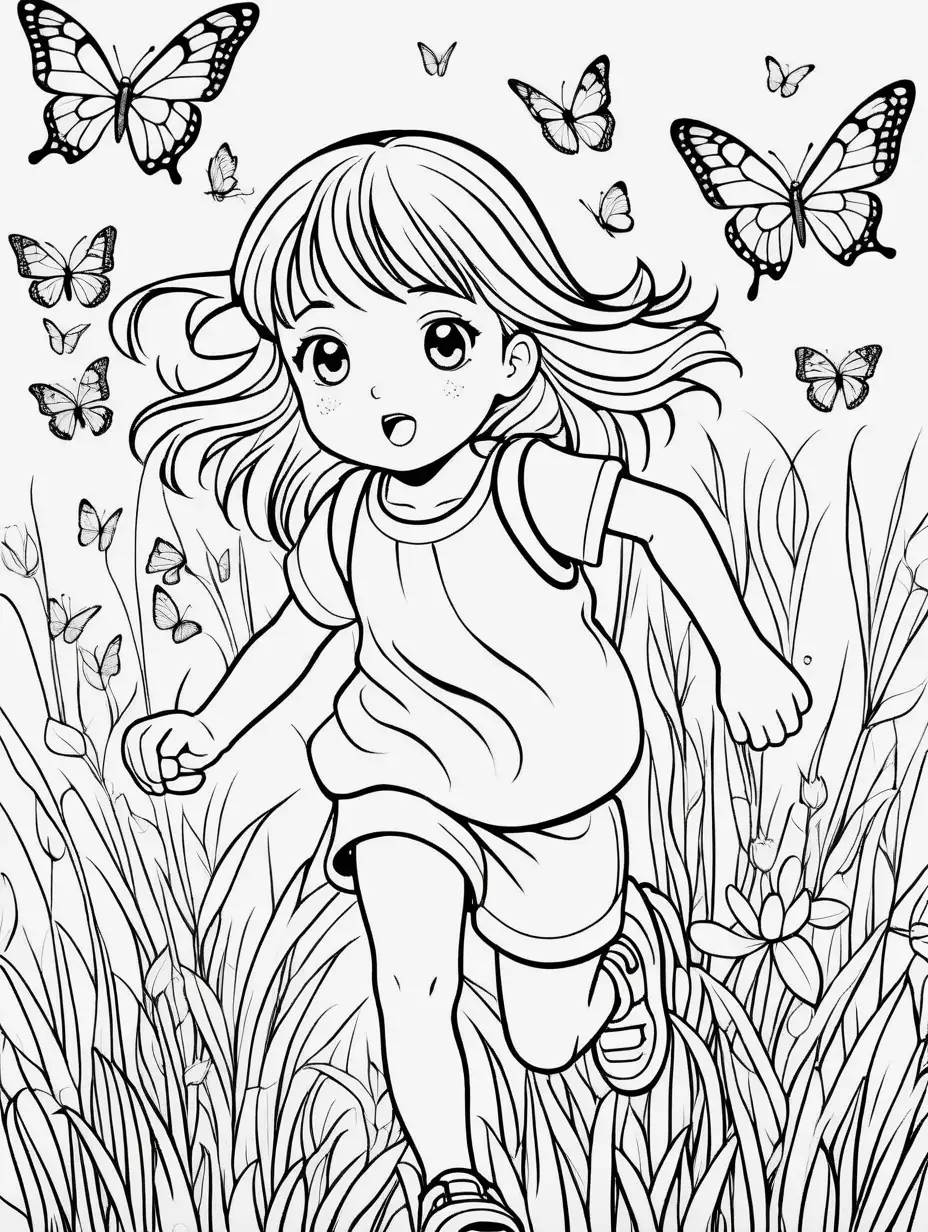 Kawaii Female Child Running in a Butterflyfilled Grass Field Coloring Page