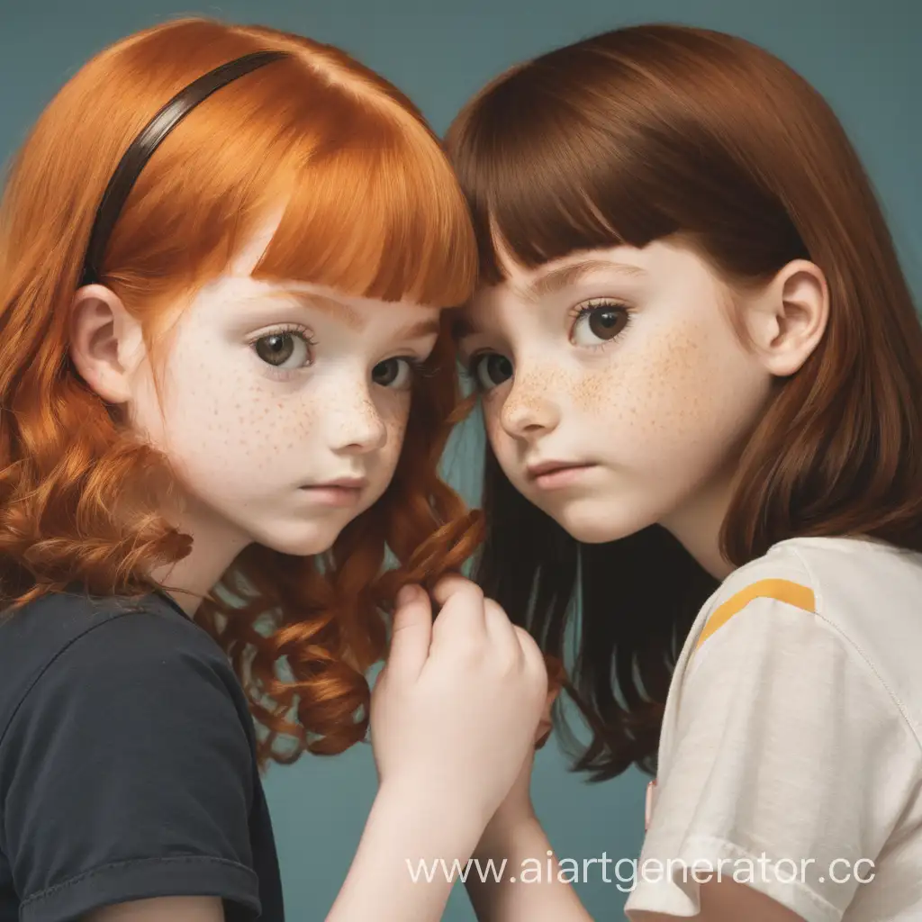 two girls closely. one is ginger and second one has dark-brown hair 