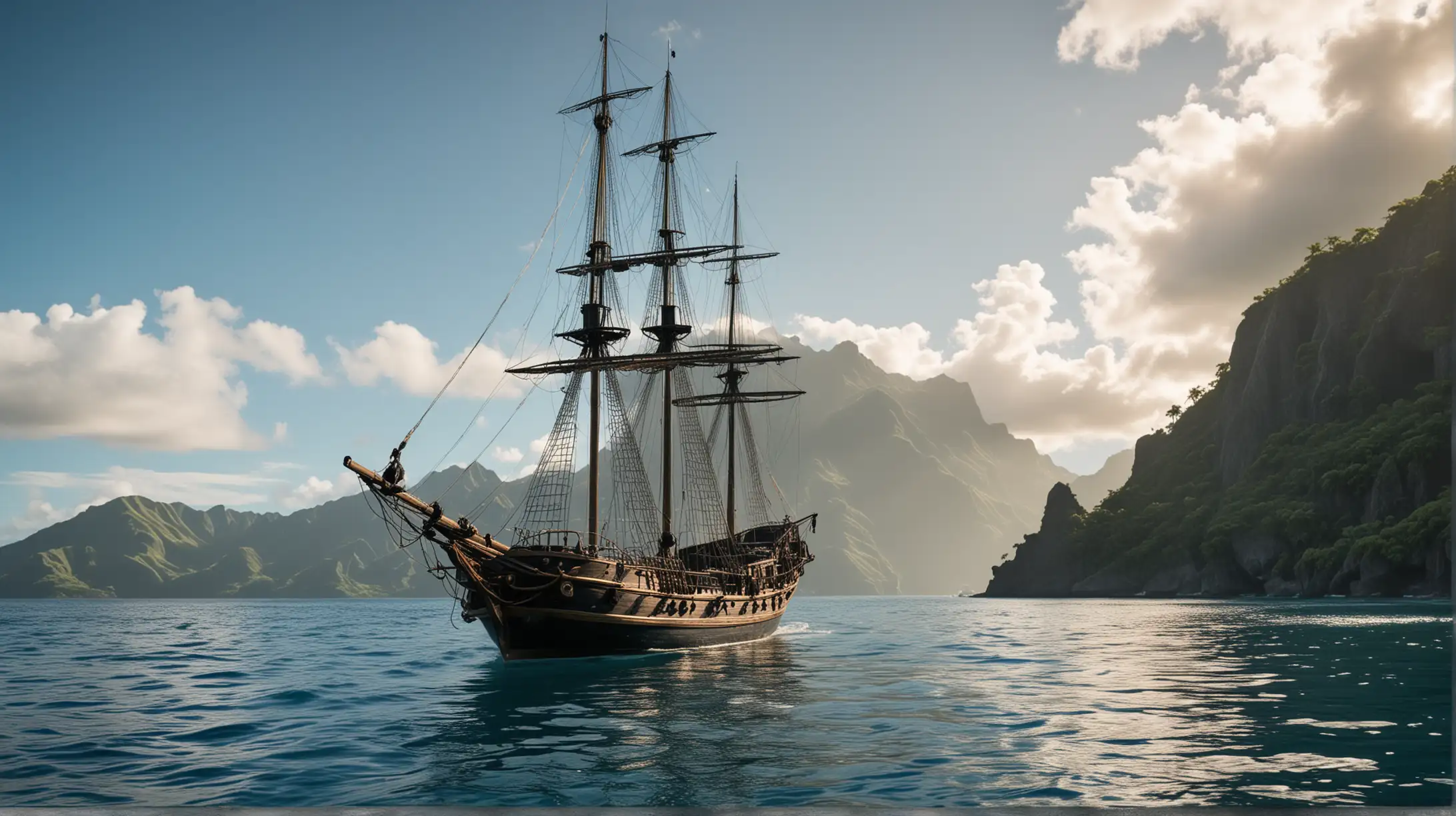 Realistic Photography of the Pirate Ship Black Pearl Anchored in the Calm Bay of Tahiti