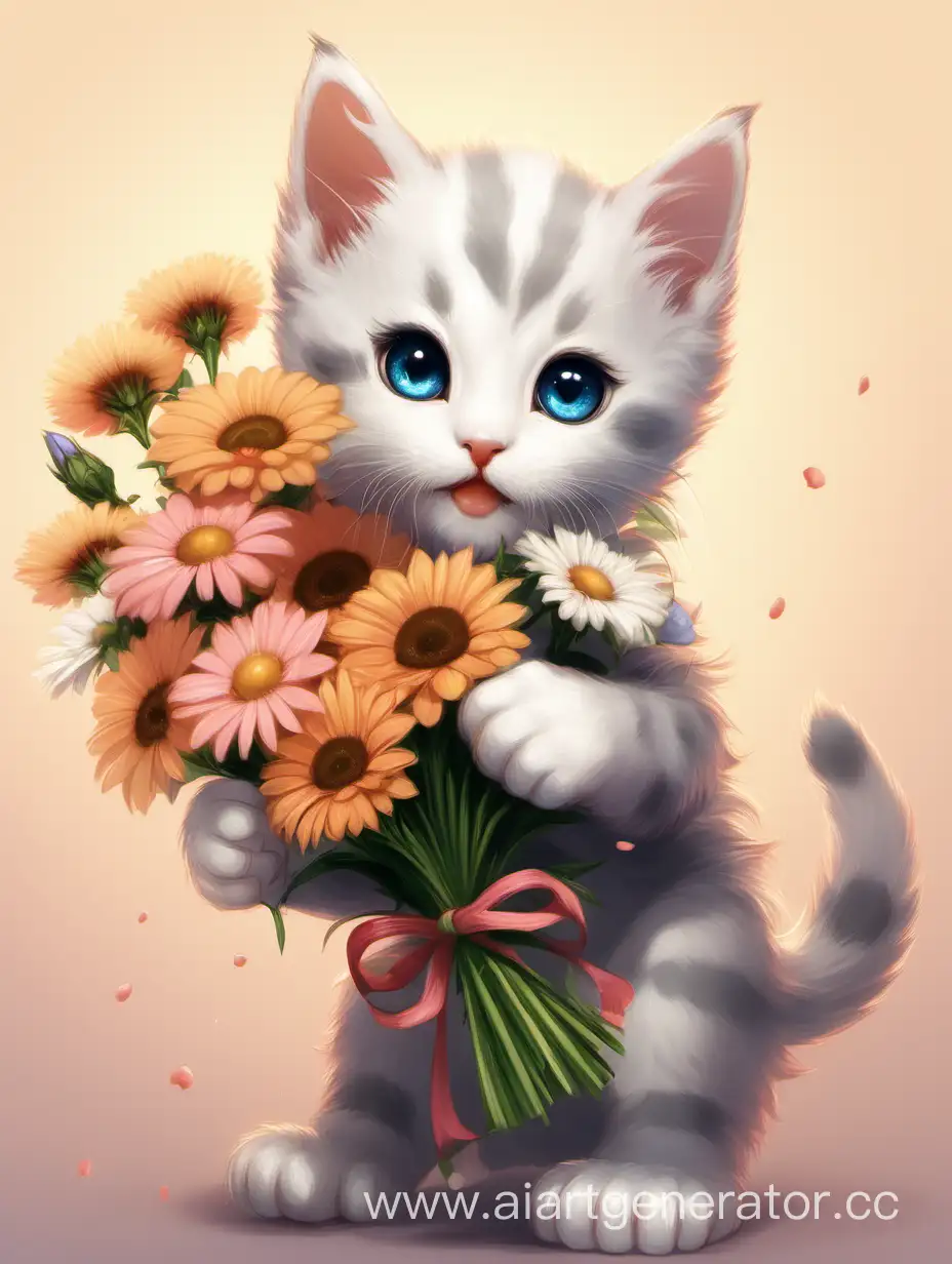 Adorable-Kitten-Holding-a-Bouquet-of-Colorful-Flowers