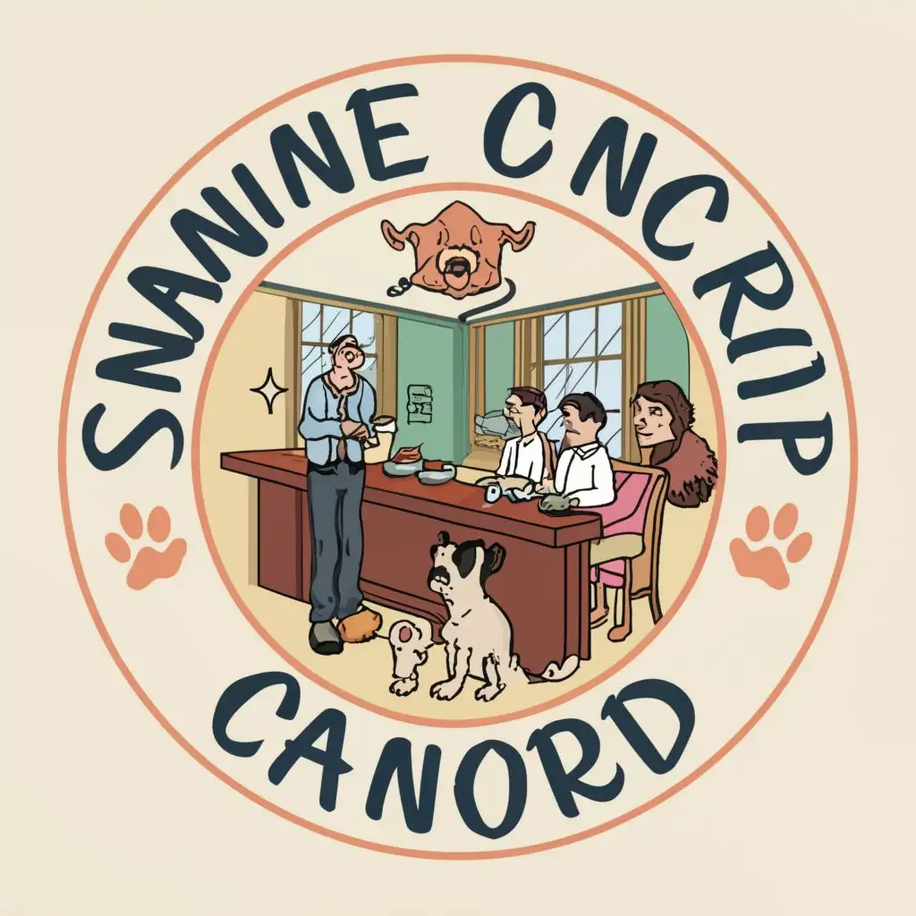 logo, Humans getting uncomfortable due to the presence of dogs in the canteen, with the text "canine concord", typography
