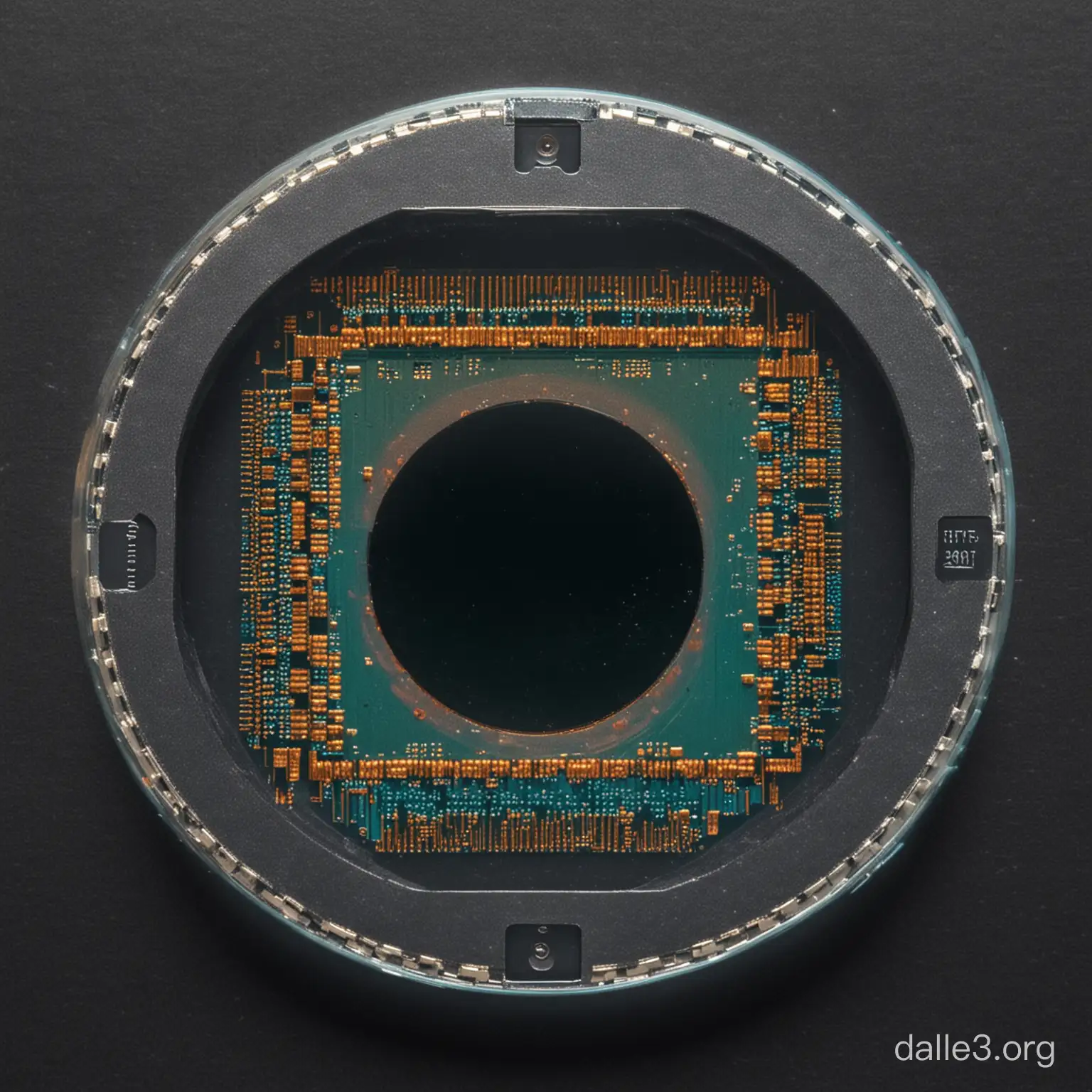 A round microchip wafer inside camera lens