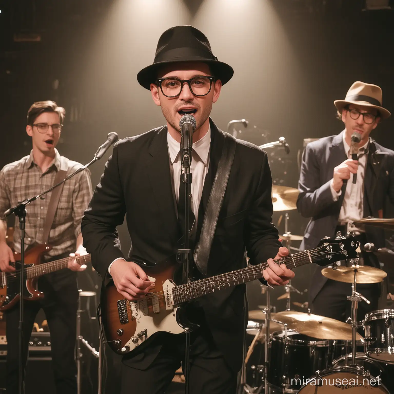 1 man handsome,clear face, glasses, sings using an old school microphone on stage, wearing glasses, wearing a fedora hat, 4 other people playing musical instruments guitar, drums, bass, piano surround the vocalist,close up, full body detiles from head to foot.