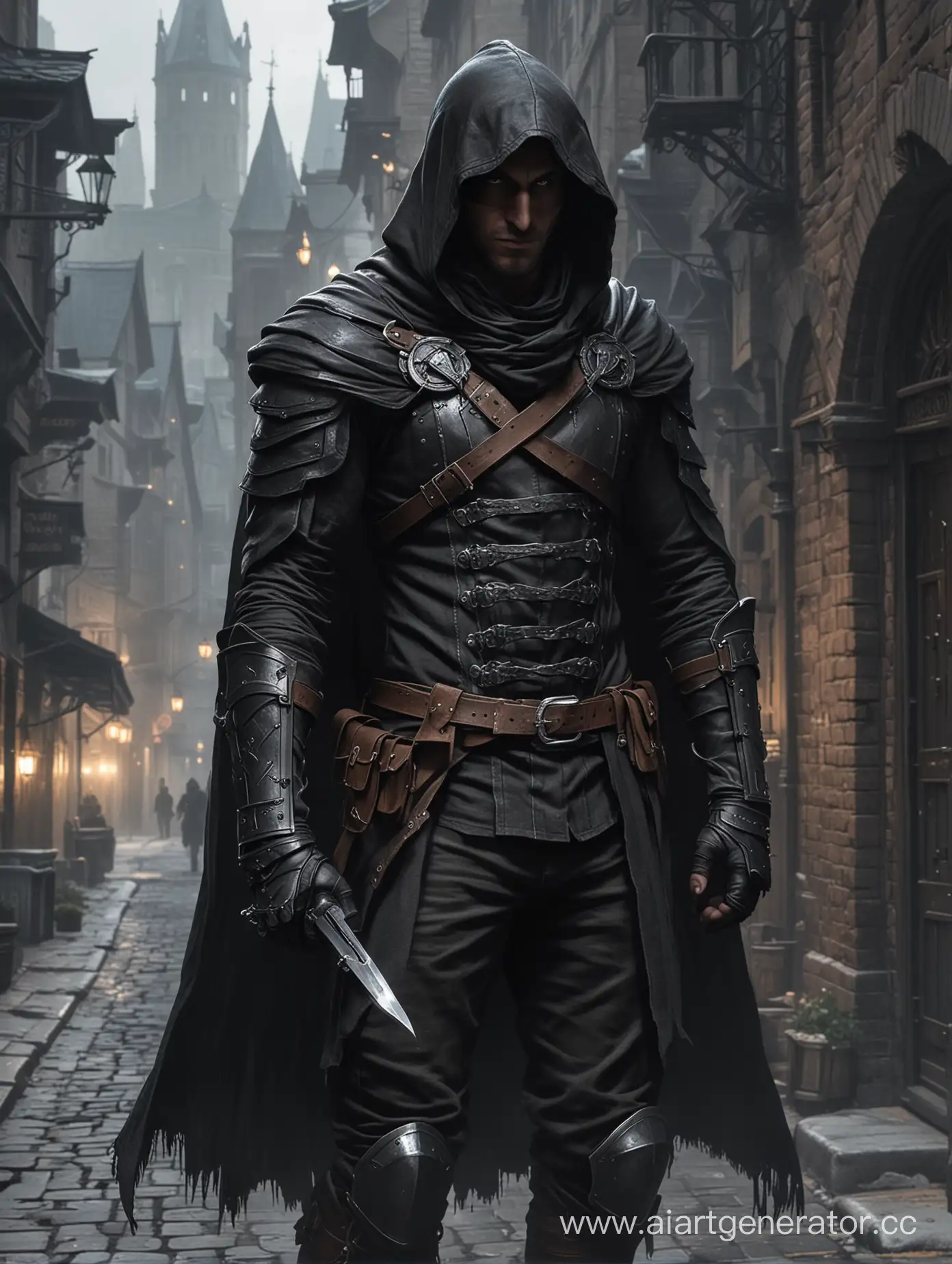 Fantasy-Thief-in-Black-Armor-Sneaking-Through-Dark-City-Streets