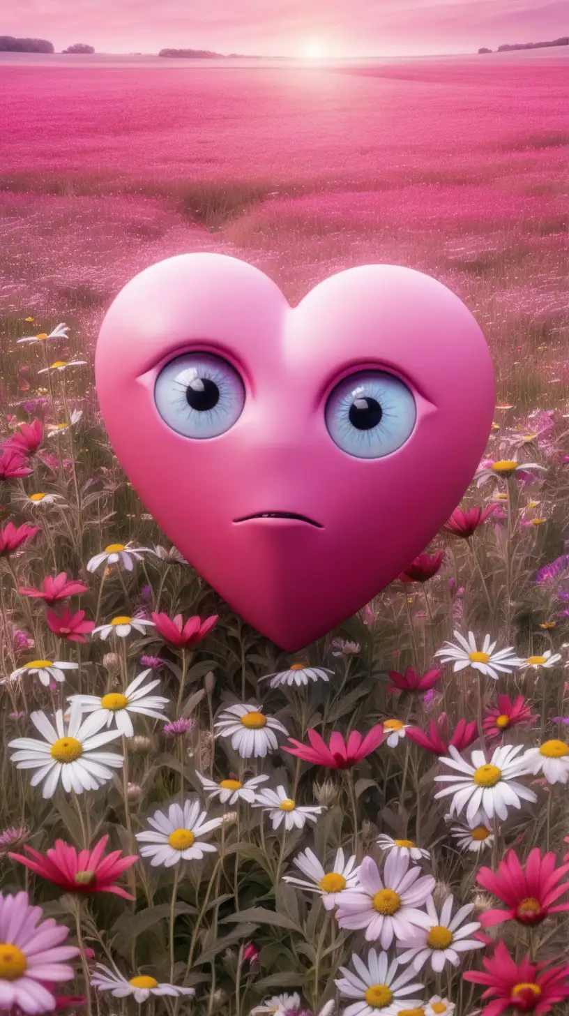 pink heart with red eye in the middle, floating in a field of wildflowers, dawn