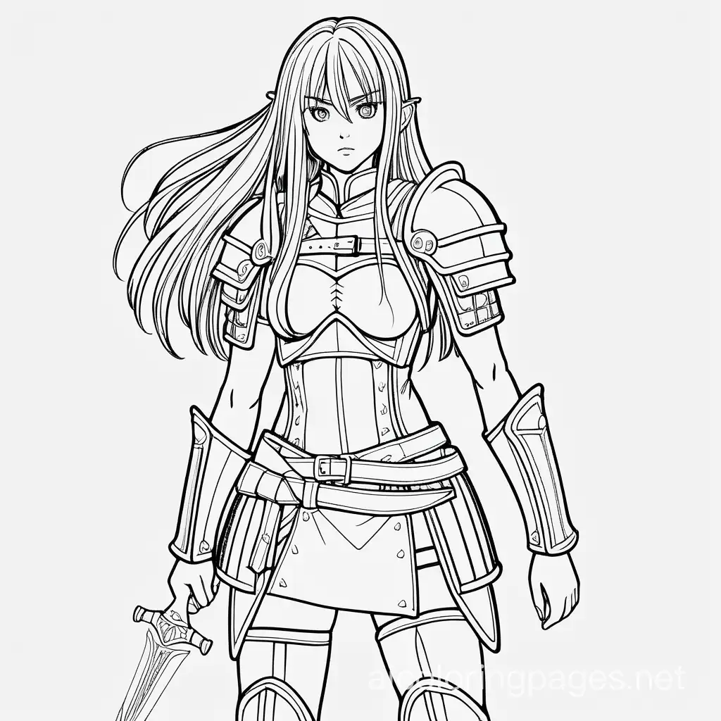 young anime warrior woman with long straight hair, in short skirt and low cut leather breastplate, leather vambrace, leather pauldrons, and knee high leather leggings on a battlefield, no weapons, Coloring Page, black and white, line art, white background, Simplicity, Ample White Space. The background of the coloring page is plain white to make it easy for young children to color within the lines. The outlines of all the subjects are easy to distinguish, making it simple for kids to color without too much difficulty