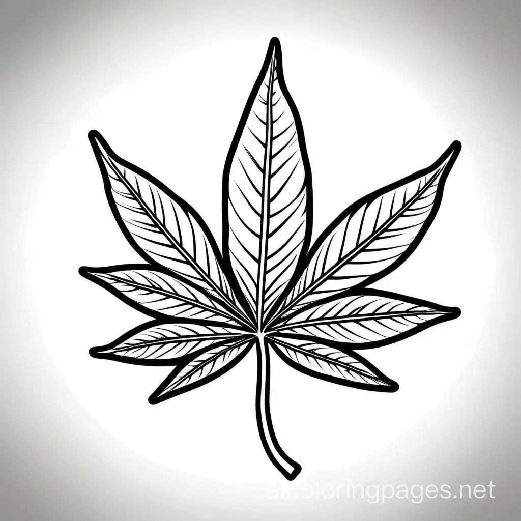happy marijuana leaf, Coloring Page, black and white, line art, white background, Simplicity, Ample White Space. The background of the coloring page is plain white to make it easy for young children to color within the lines. The outlines of all the subjects are easy to distinguish, making it simple for kids to color without too much difficulty