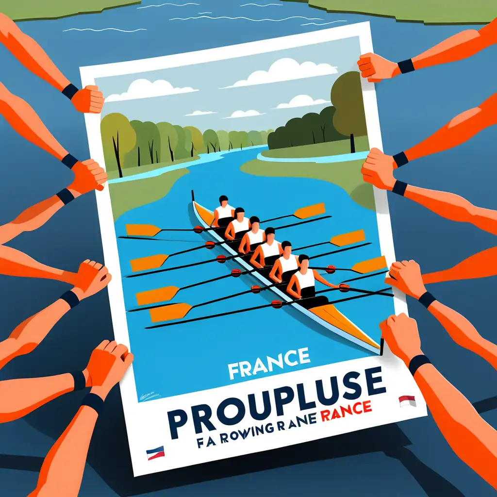 fais moi un poster qui représente une course d'aviron sur un fleuve en france. l'aviron est sur une carte de France. le titre du poster est ProPulse.  Le terme ProPulse doit bien être écrit de cette manière. On voit l'aviron de dos et il y a 5 rameurs. c'est un format poster.